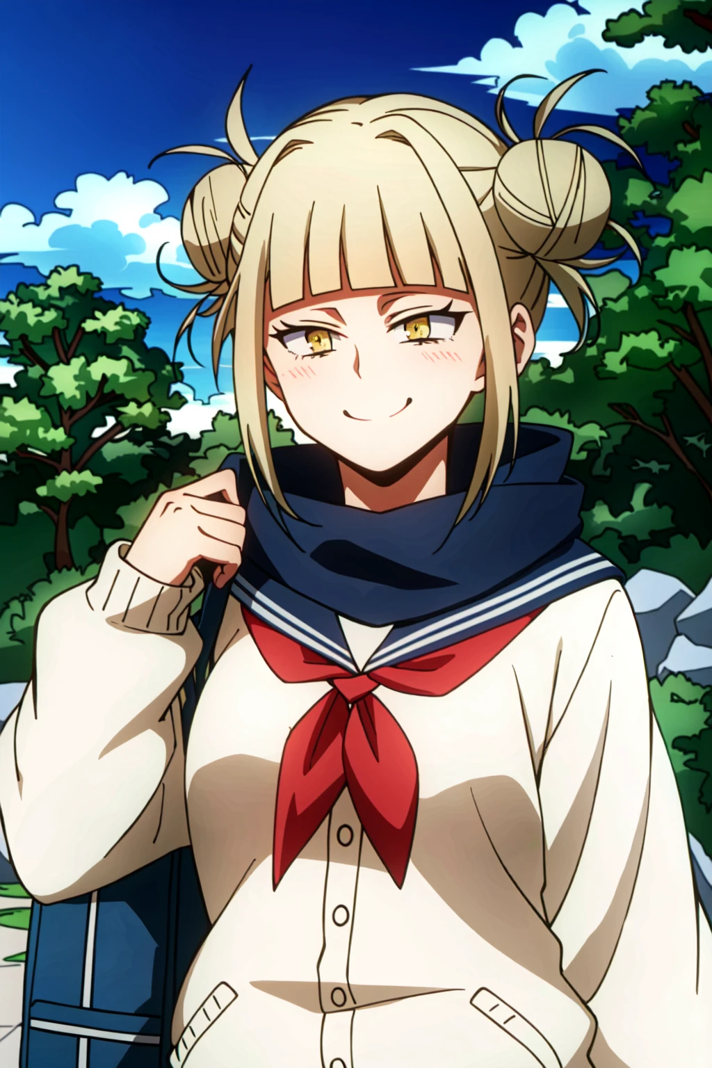 (extremely detailed CG unity 4k wallpaper),(masterpiece),(best quality),(ultra-detailed),(best illustration),(best shadow),(absurdres),(detailed background) <lora:OGT_Himiko_Toga-v1:1> Himiko Toga, 1girl, double bun, solo, hair bun, bangs, yellow eyes, sky, day, blonde hair, messy hair, looking at viewer, cloud, blush, blunt bangs, outdoors, blue sky, neckerchief, red neckerchief, school uniform, upper body, closed mouth, scarf, sidelocks, bags under eyes, sailor collar, teeth, serafuku, tree, short hair, cardigan, light smile
