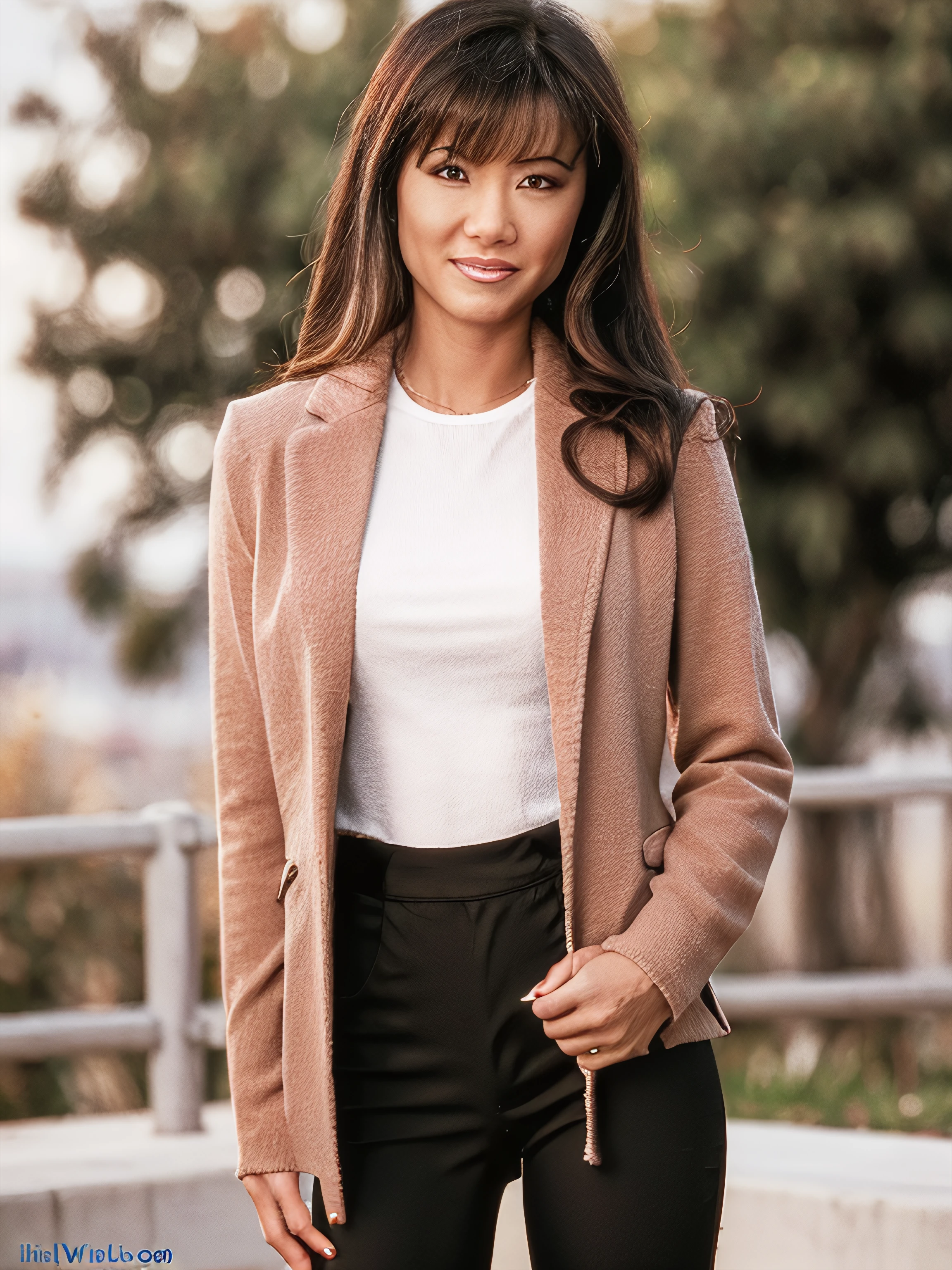 kobetai, face focus,  photography, 8k, realistic, floral coat, collared shirt, smile,  drill hair, leggings, facing viewer, bokeh background,, lens flare, black hair, looking at viewer, glare,  palm tree, trees