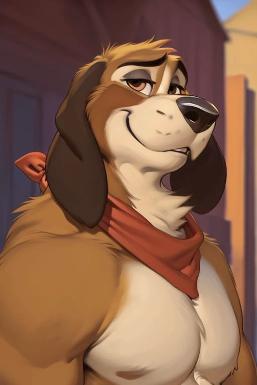 (by Meesh), (by darkgem:0.8), (by chunie:1), masterpiece,, detailed fur, portrait, viewer, (detailed pixar eyes:1.2), detailed eyes, male, anthro, <slora:add_detail:0.3> (Cash, Hound, Floppy Ears), (red kerchief)