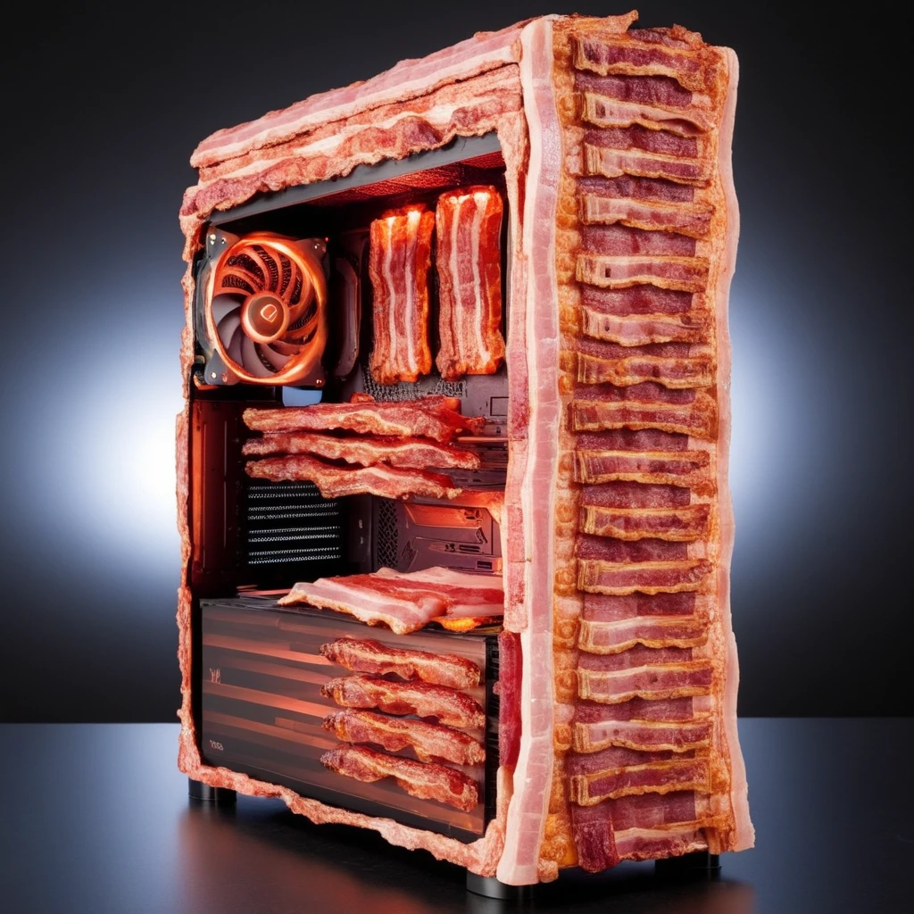 gaming pc made of bacon, <lora:MMM_Bacon-000006:0.8>