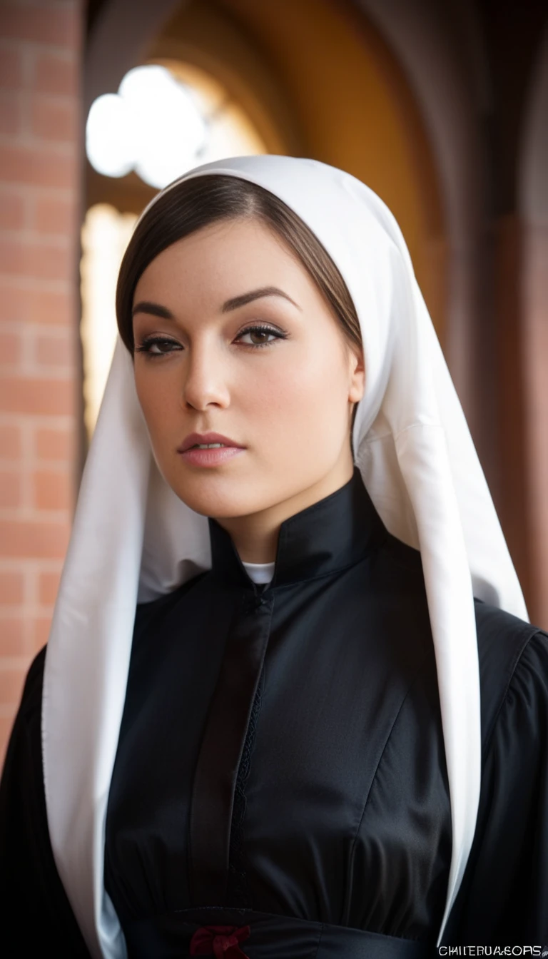 cinematic film still <lora:sashagrey:1> ((sashagrey)) as a nun . shallow depth of field, vignette, highly detailed, high budget, bokeh, cinemascope, moody, epic, gorgeous, film grain, grainy