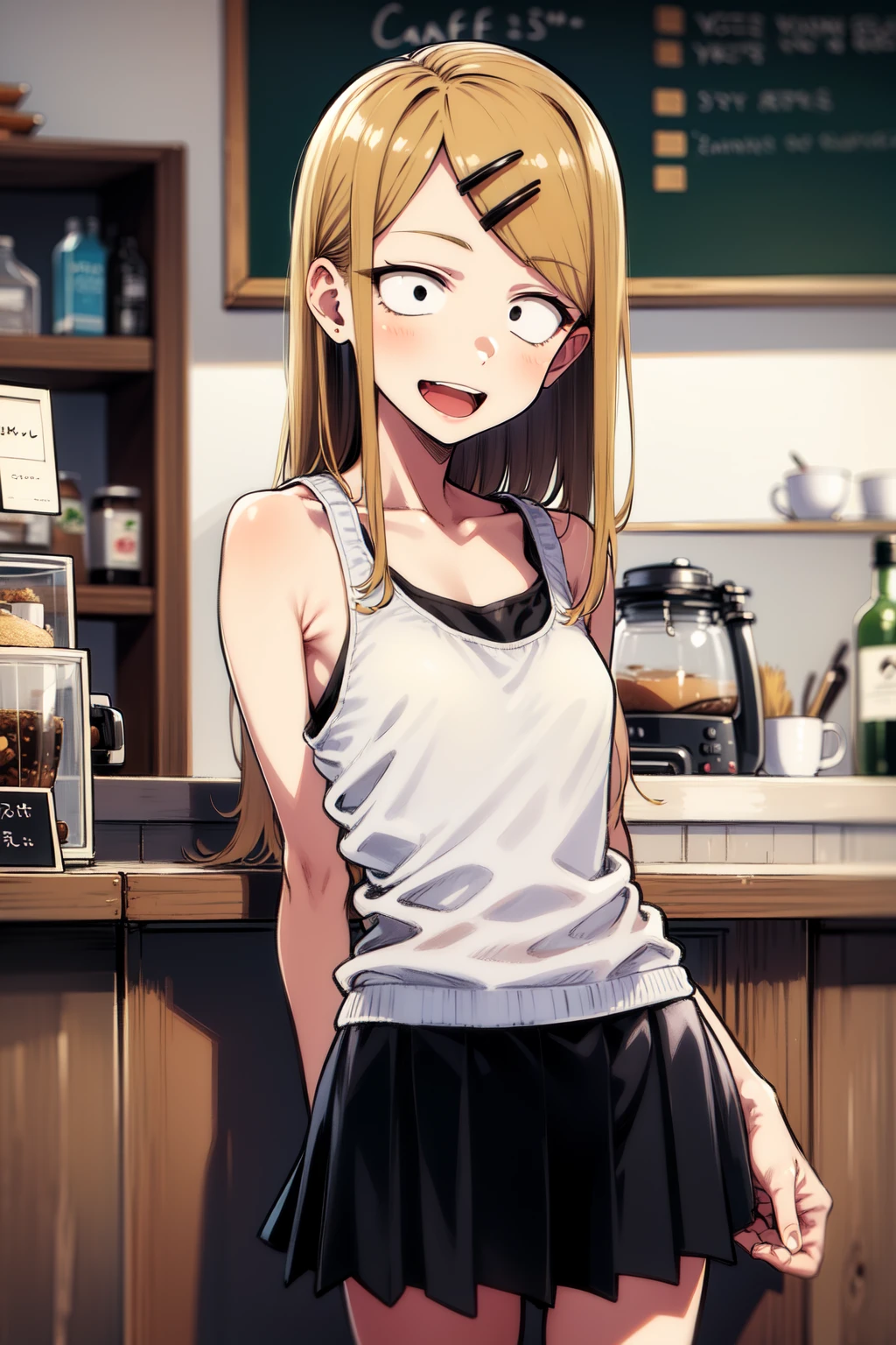 1girl, cowboy shot, smile, open mouth, (cafe:1.2),
endou_saya, sanpaku, (black eyes:1.4), blonde hair, long hair, hairclip, white shirt, tank top, pleated skirt, <lora:endou_saya_lora_ver1:0.8>, best quality, masterpiece, highres, <lora:GoodHands-vanilla:1>