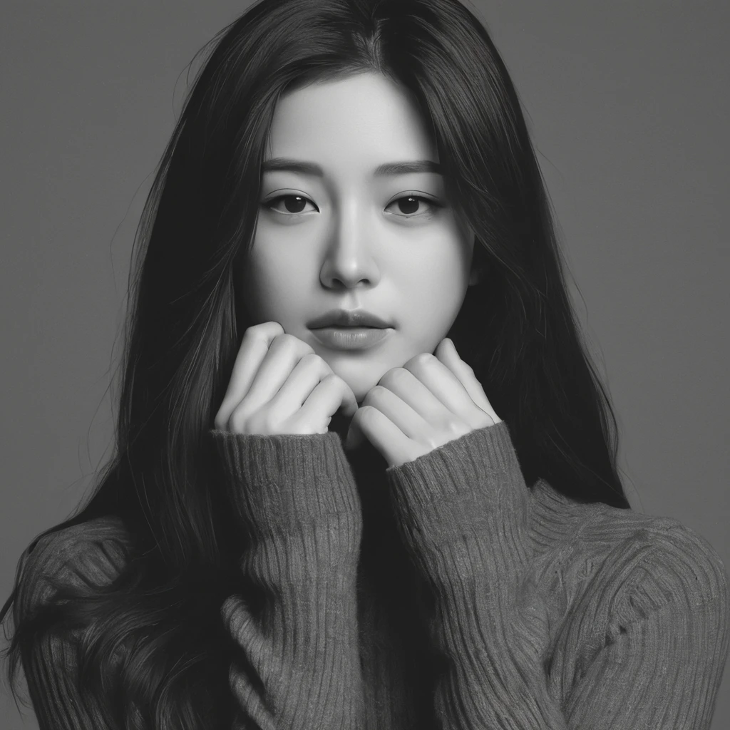 1girl,greyscale,solo,long hair,realistic,upper body,nose,lips,closed mouth,sweater,simple background,<lora:girl-000004:0.6>,