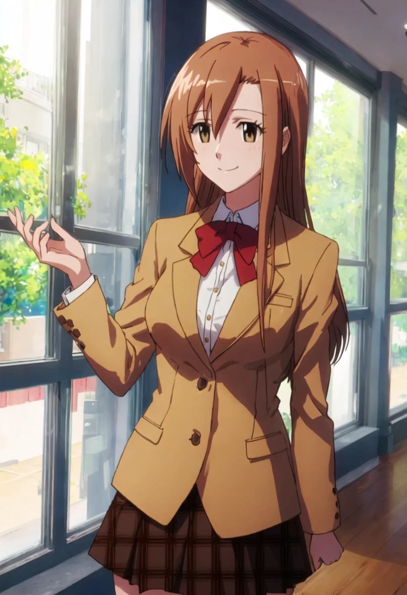 best quality, masterpiece, highres, solo, {shichijou_aria_seitokaiyakuindomo:0.90}, 1girl, blazer, plaid_skirt, school_uniform, smile