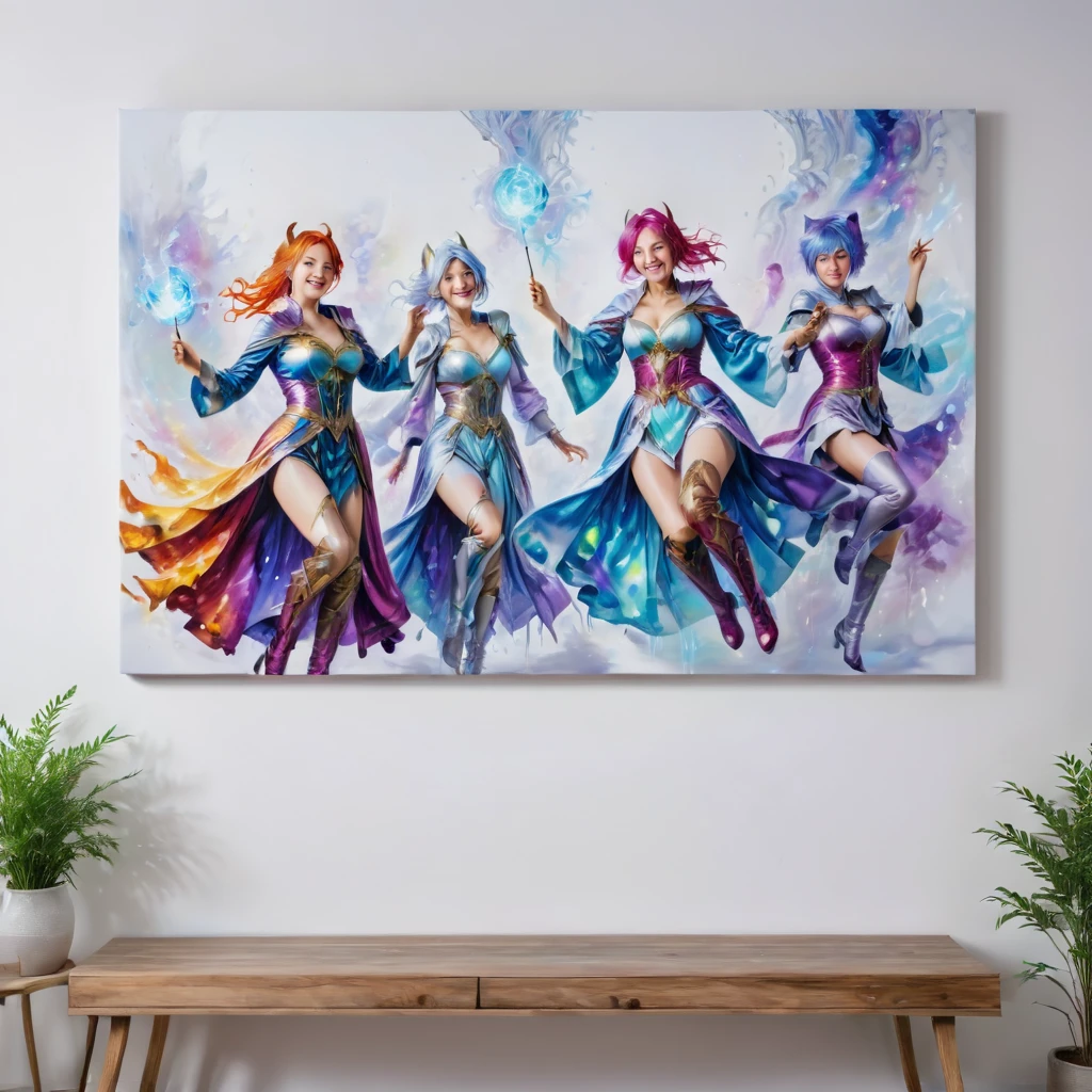 <lora:Magical_Painting:0.8> magical painting of cosplayers having fun, hanging on white wall, 8k