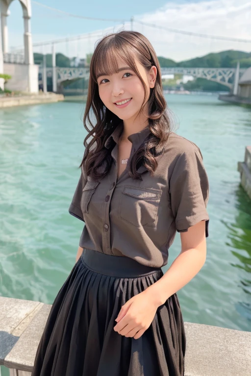 1girl, (casual shirt:1.8),(RAW photo, best quality:1.4), (realistic, photo-realistic:1.4), masterpiece, an extremely delicate and beautiful, extremely detailed, 2k wallpaper, Amazing, finely detail, extremely detailed CG unity 8k wallpaper, ultra-detailed, highres, soft light, beautiful detailed girl, extremely detailed eyes and face, beautiful detailed nose, beautiful detailed eyes,cinematic lighting,(blurry,bokeh backgound:1.6),(bridge :2.0),perfect anatomy,(slender body:1.0),(close up face,focus face:1.4),(smile,Friendly, warm:2.0),(looking at viewer:1.8),(young japanese idol:1.8),(wavy brown hair:1.8), (brown eyes:1.8),(standing:1.6), <lora:amakisally_lora-10:0.8>