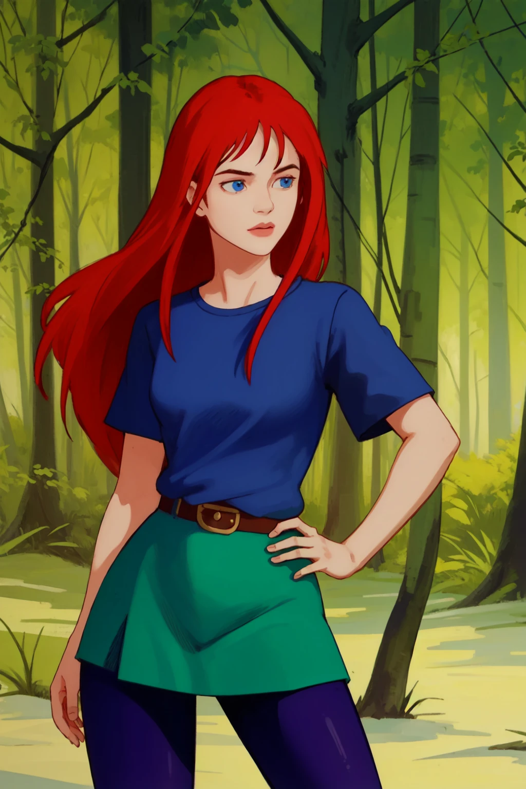 (masterpiece, high quality:1.4), JessieBannon, blue eyes, red hair, long hair, 1girl, solo, short sleeves, green dress, purple leggings, belt, contrapposto, dynamic pose, cowboy shot, nature, jungle