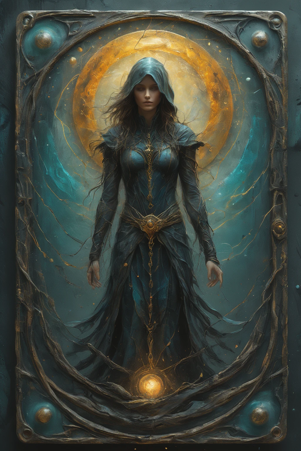 <lora:artfullyENGRAVED_SDXL_V1:0.25>,masterpiece,intricately detailed,high resolution,best quality,absurd resolution,mastercrafted,Mock ui,occult themed,oracle customized deck creator,3 PERSONAS,colorful storytelling,dark cyan and amber,detailed atmospheric portraits,detailed character design,dreamlike illustration,flowing textures,in the style of realistic and hyper-detailed renderings,mysterious beauty,in the style of realistic fantasy artwork,in the style of dreamlike illustration,in the style of hyper-detailed illustrations,three tarot cards are standing amongst a dark landscape,granite,ivory,obsidian,stained glass,transluscent,masterpiece,brilliant color story,illusionism,futuristic geometric abstractionism,in the style of hyperrealism,organic,male oracle,<lora:artfullymaleform_sdxl_v1:0.45>,<lora:ARTFULLYORACLESDXL-V1:0.5>,<lora:artfullydrow__sdxl_v1:0.2>,<lora:artfullyDRUID_sdxl_v1:0.6>,