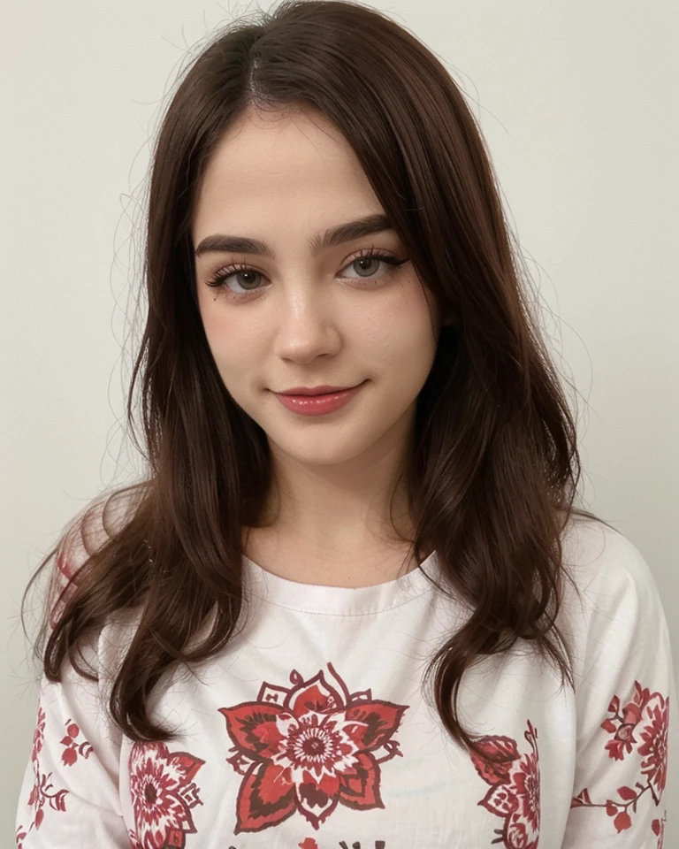 estaryu, a woman, portrait, headshot, white t-shirt, floral print shirt, long sleeves, makeup, eyelashes, long hair, smile,