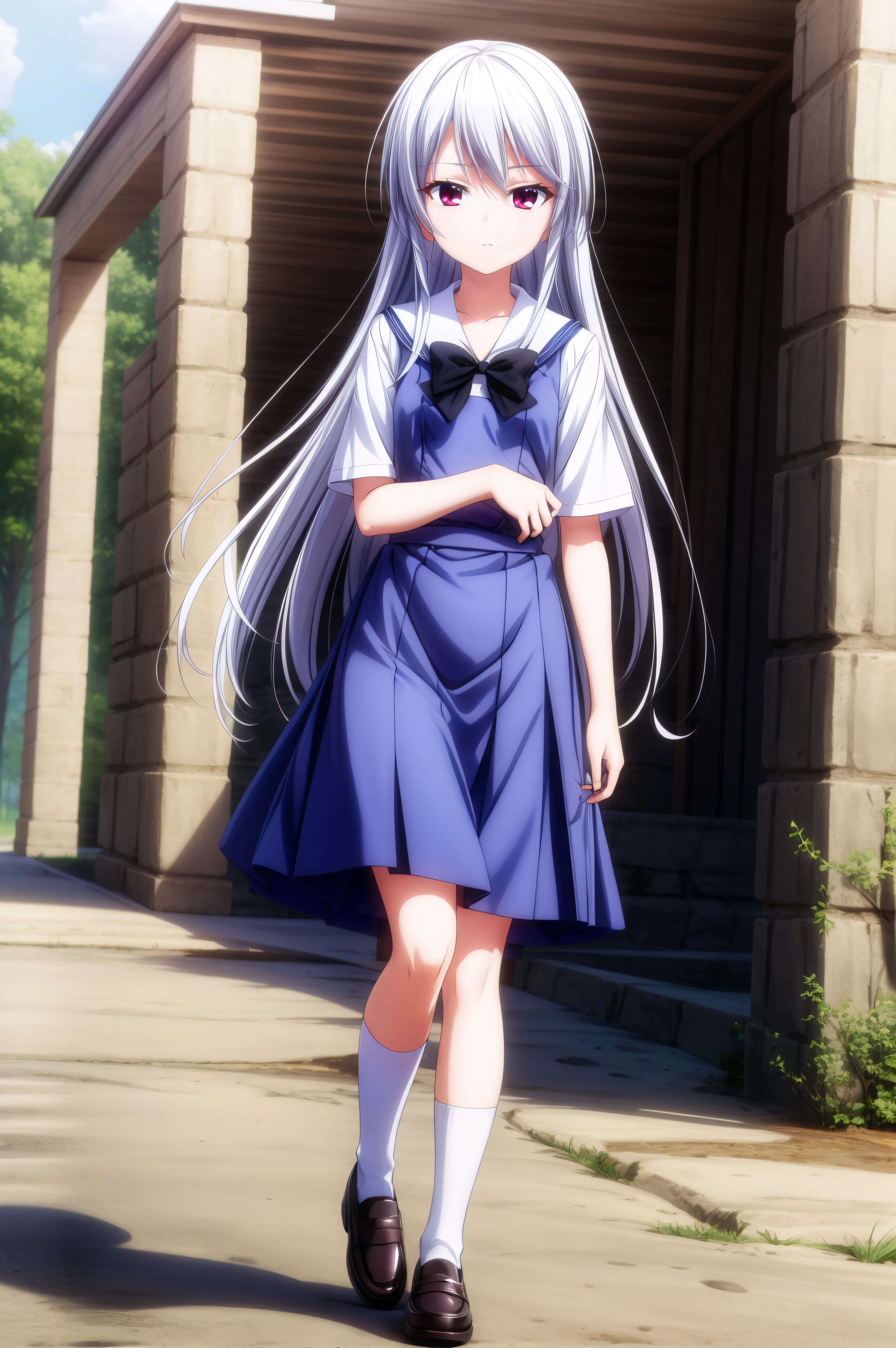 (masterpiece, best quality), <lora:kazuki kazami-lora-Faxtron:0.75> kazuki kazami, red eyes, white hair, very long hair, school uniform, blue dress, white shirt, short sleeves, black bow, white socks, shoes,
<lora:add_detail:0.8>,
