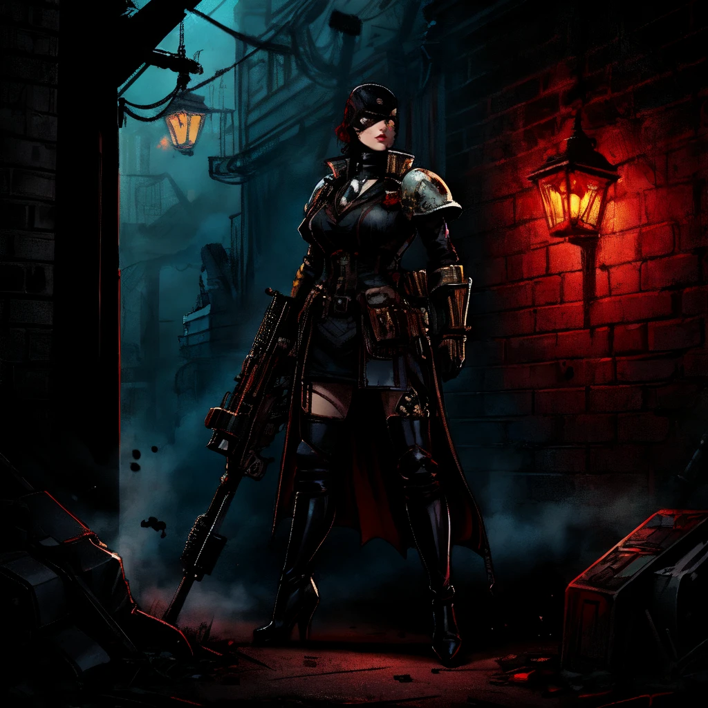 nqstrman, solo, armor, weapon, holding weapon, 1girl, mask, rifle, uniform, military, high heel boots, handgun, eyepatch, pulp_comic, heavy_lines, hand_drawn, hand_inked, hand_colored, perfect_face, grimdark, dark_fantasy, red_glow, metal_walls, dirty_alleyway, underhive,