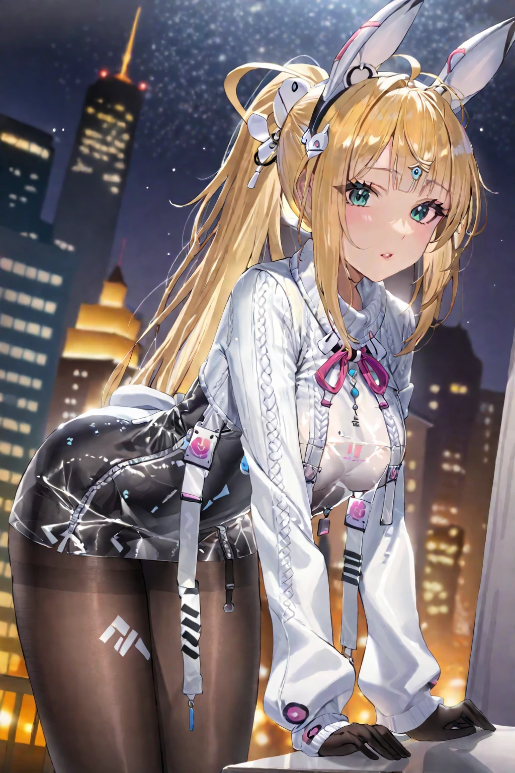 1girl,solo,masterpiece,best quality,nice hands,perfect hands,black pantyhose,blonde hair,black legwear,slim legs,bangs,hair ornaments,cool,lean over,sweater,animal ears,medium breasts,bodysuit,see through,night city background,<lora:LipsLoraXL:0.85>,