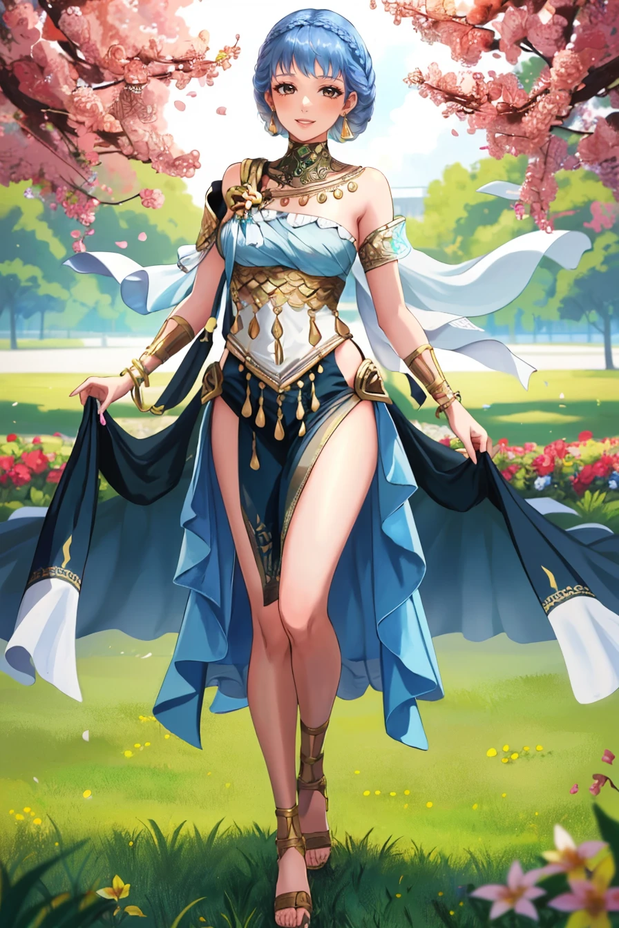 masterpiece, 1girl, full body, solo, looking at viewer, smile, <lora:MarianneFE3H-FEH-bsinky-v2:0.8> brvMarianne, dress, pelvic curtain, bare shoulders, jewelry, braid, earrings, bracelet, sandals, outdoors, grass, flowers