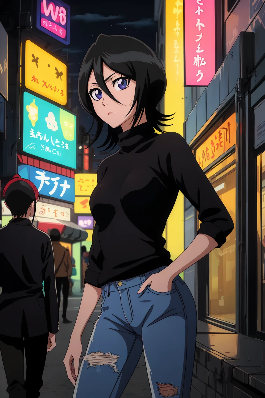 ((best quality)),((highly detailed)),masterpiece,absurdres,detailed face,beautiful face,(detailed eyes, deep eyes),1girl,((dynamic pose)) , <lora:RukiaV1:0.8>,Rukia, black hair, breasts, short hair, hair between eyes, purple eyes, small breasts, walking, at night, black turtleneck, (eyes looking away from the viewer:1.3, looking away from viewer:1.3), ripped jeans, hands in pocket, nighttime, city streets, neon signs, crowd behind,