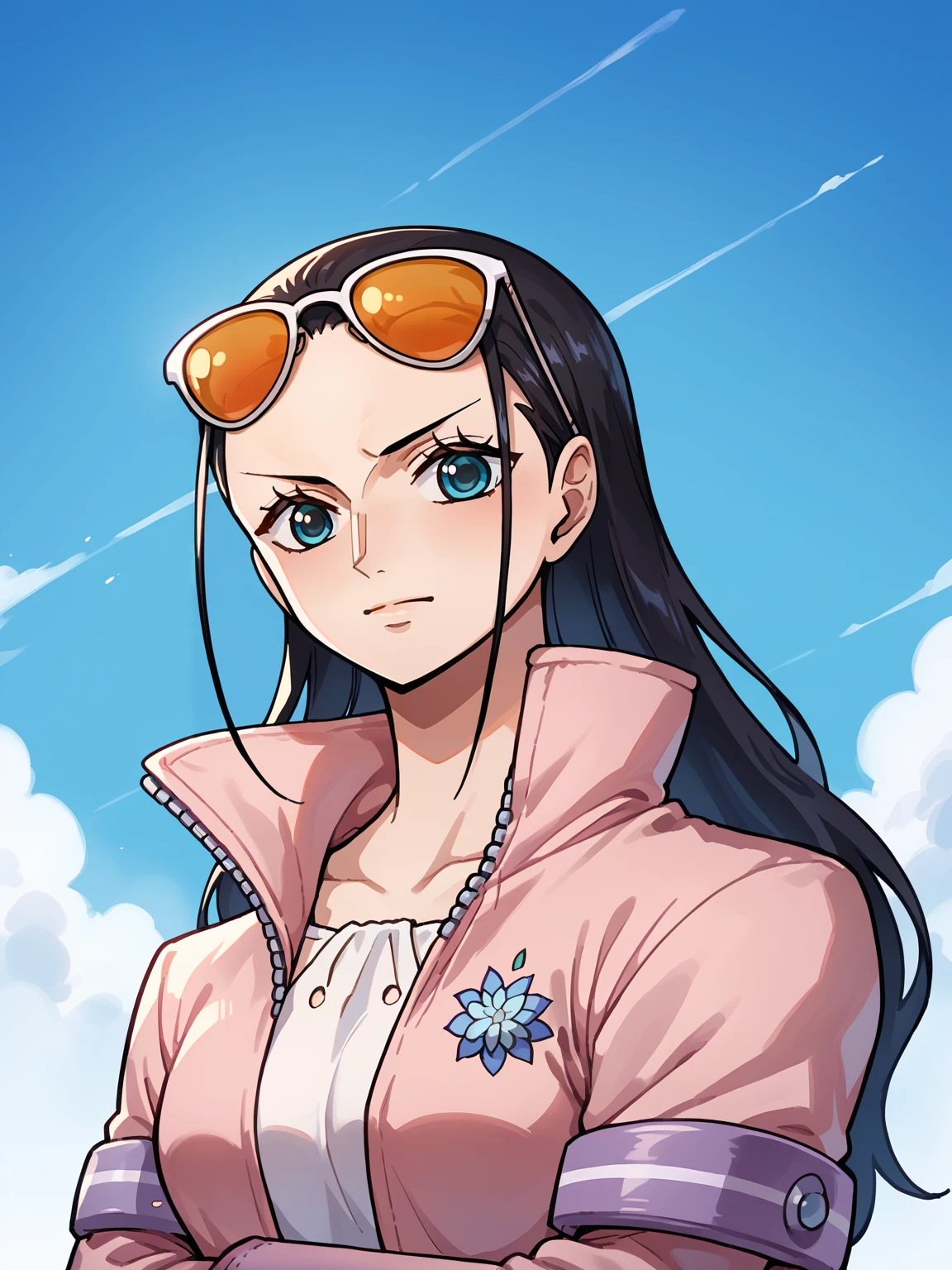 score_9, score_8_up, score_7_up, score_6_up, score_5_up, score_4_up, BREAK, source_anime, 1girl, nico robin, nicostampede wearing a coat with a white short dress and sunglasses on head, black hair, long hair, blue eyes, pink boots,
upper body, looking at viewer, simple background  <lora:NicoRobinXL:1>