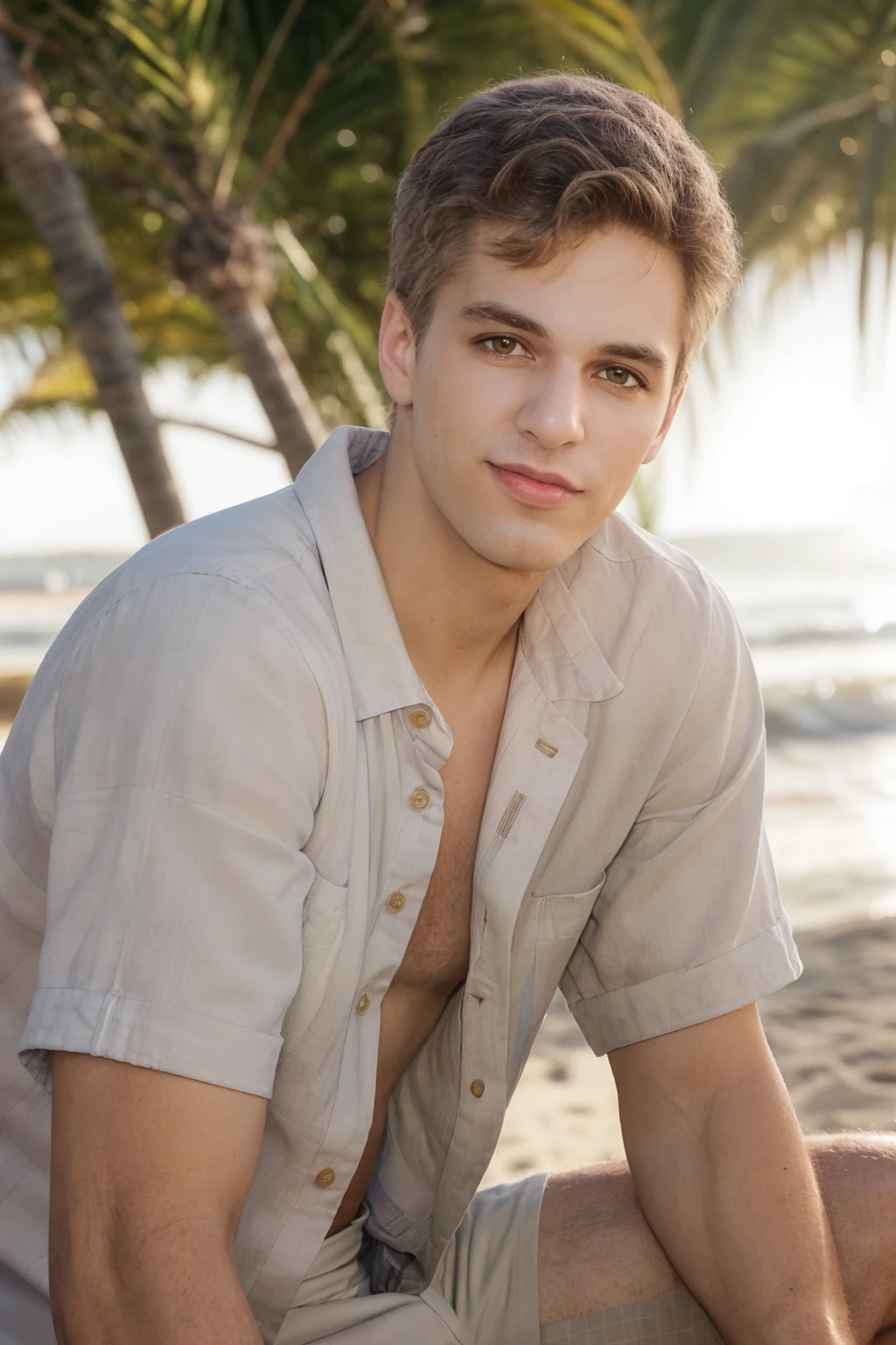 a lean skinny shirtless 18-year old caucasian boy wearing white linen pants, short red hair, cute face, blue eyes, smiling, tanned skin, drenched in sweat, sweating profusely, in the garden, sitting on the ground, behind the fountain