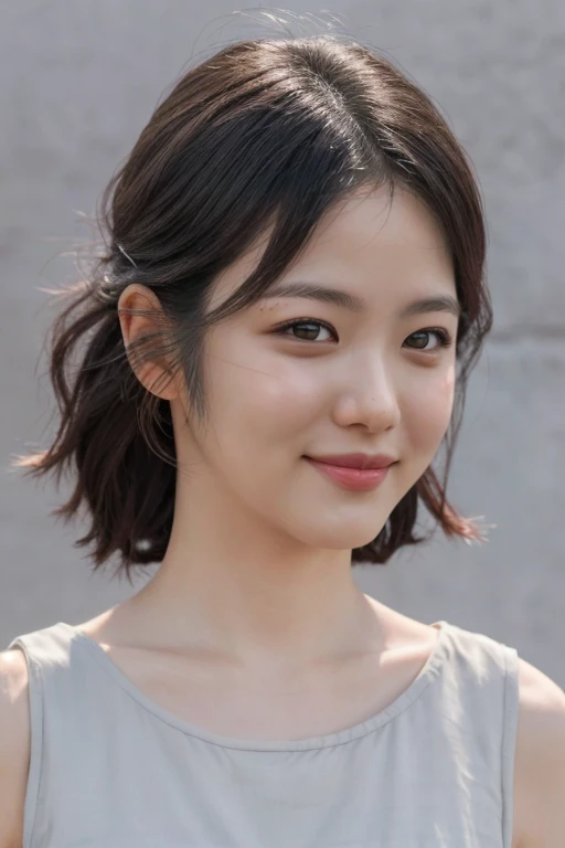 masterpiece, best quality, ultra-detailed, ultra high res, (photorealistic:1.4), raw photo, (realistic:0.2), 8k HDR, 1girl, solo, (looking at viewer), smile, realistic lighting, asymmetrical hair, (detailed skin), (detailed face), (simple gray background :1.1), (upper body:1.5), simple dress, sleeveless,