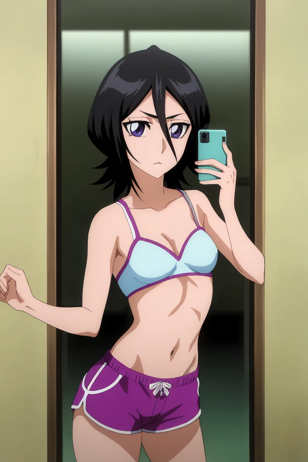 ((best quality)),((highly detailed)),masterpiece,absurdres,detailed face,beautiful face,(detailed eyes, deep eyes),1girl,((dynamic pose)) , <lora:RukiaV1:0.8>,Rukia, black hair, breasts, short hair, hair between eyes, purple eyes, small breasts,<lora:animemix_v3_offset:0.8>looking at viewer, small breasts, dolphin shorts, <lora:dolphin_shorts_v0.1:0.6>, <lora:MirrorSelfieLora:0.8>, anime, mirror selfie, holding phone, cowboy shot