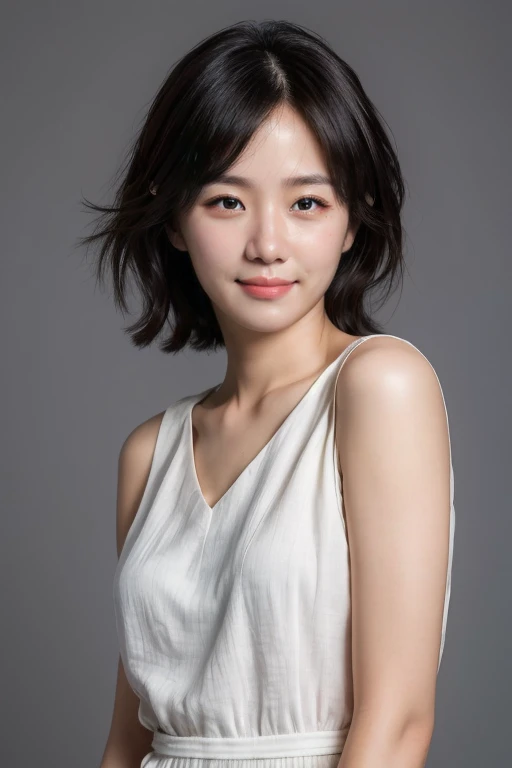 masterpiece, best quality, ultra-detailed, ultra high res, (photorealistic:1.4), raw photo, (realistic:0.2), 8k HDR, 1girl, solo, (looking at viewer), smile, realistic lighting, asymmetrical hair, (detailed skin), (detailed face), (simple gray background :1.1), (upper body:1.5), simple dress, sleeveless,