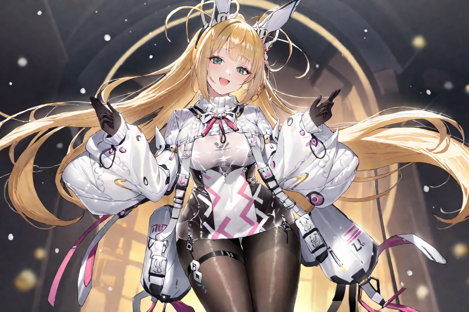 1girl,solo,masterpiece,best quality,nice hands,perfect hands,black pantyhose,blonde hair,black legwear,slim legs,bangs,hair ornaments,seductive smile,jumping,sunset,cloudy mountains,sweater,animal ears,medium breasts,bodysuit,see through,<lora:LipsLoraXL:0.85>,