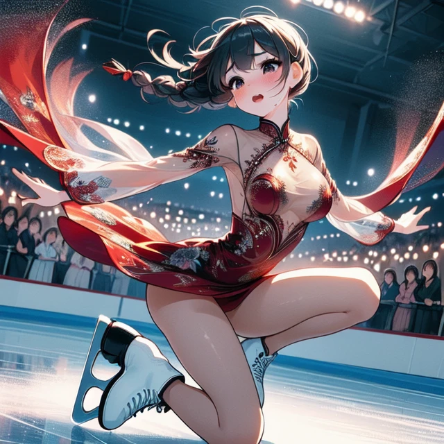 (((masterpiece))), (((best quality))), (((knee slides))), ((dancing on grand ice skating exhibition)), red bling decorate lace qipao dress, see through sleeves, cinematic light, countless crowd, wind, night, solo, 1girl, high neck, (((big tits))), collarbone, sweat, ribbon, gray braids, rosy lips, open mouth, shy, blush, slim figure, <lora:girllikekneeslides:1>