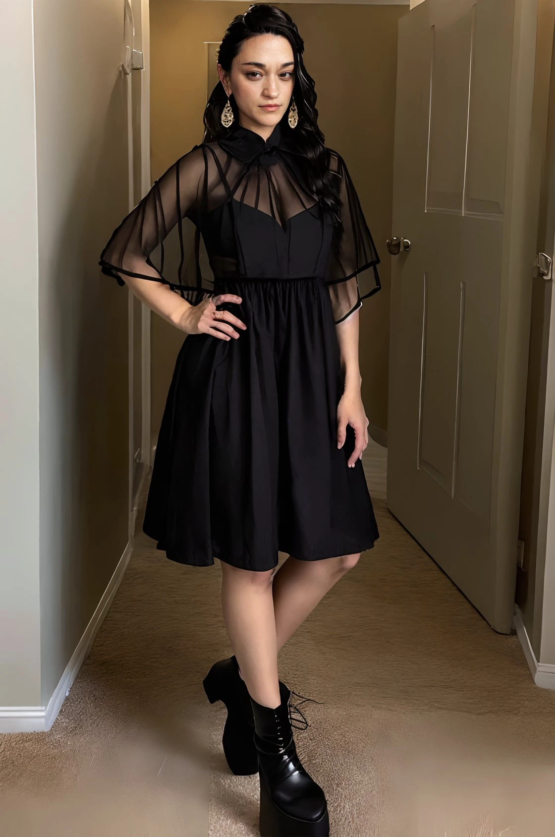 high quality photo of <lora:sara_tomko:1.2> sara_tomko, native earrings, full body
long black hair,  SkinDetail
<lora:bl4ckw1dowdr3ss:0.8> bl4ckw1dowdr3ss, black dress, see-through shawl <lora:z0mb1est0mp3rs:0.8> z0mb1est0mp3rs, high heel boots, platform footwear