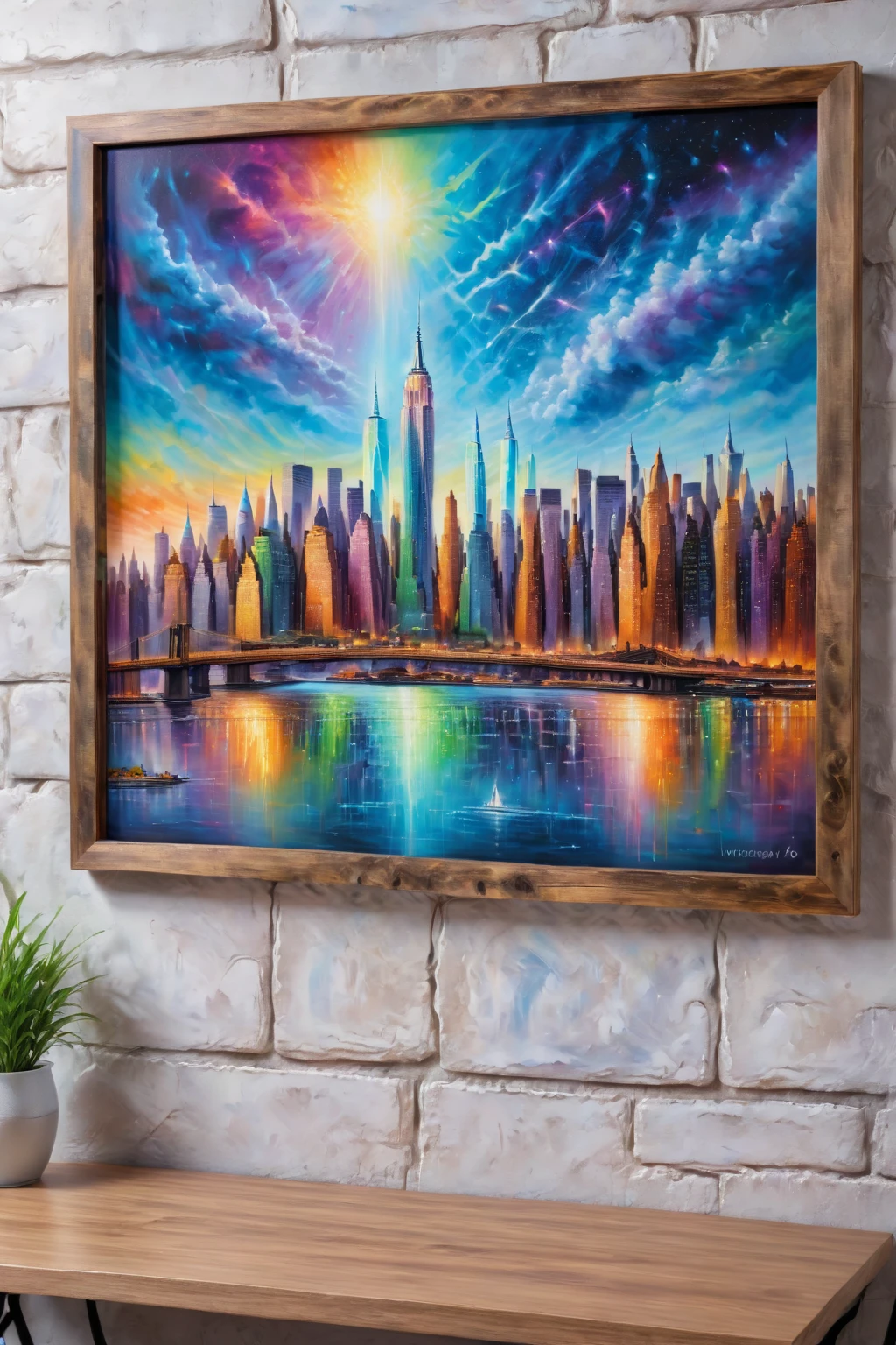 <lora:Magical_Painting:0.8> magical painting of New York city skyline, hanging on a wall in a office, 8k