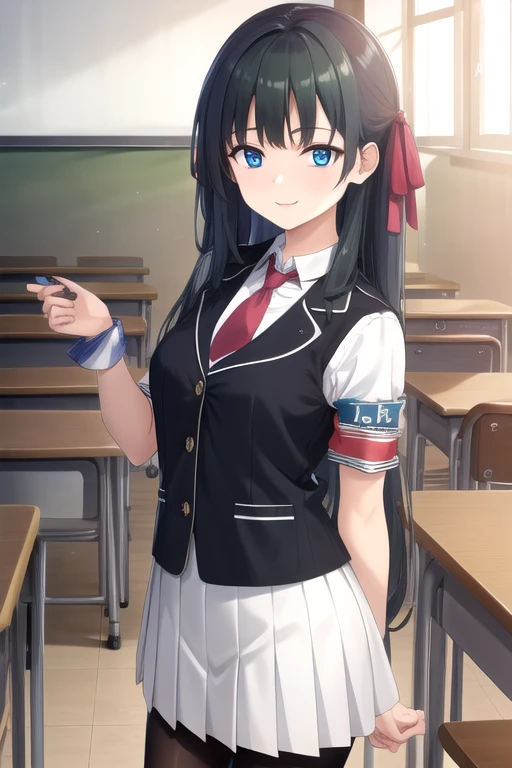 ((masterpiece)),(best quality),official art,extremely detailed CG,unity 8k wallpaper,ultra detailed,beautiful detailed eyes,extremely detailed face,classroom,1girl,solo,cowboy shot,looking at viewer,facing viewer,smile,Hayami Shizuno(hscweys),very long hair,black hair,straight hair,shiny hair,hair ribbon,blue ribbon,blue eyes,sidelocks,blunt bangs,black vest,wing collar,red necktie,dress shirt,white shirt,collared shirt,armband,short sleeves,medium breasts,miniskirt,pleated skirt,plaid skirt,black pantyhose,loafers,<lora:Hayami Shizuno(hscweys)>,