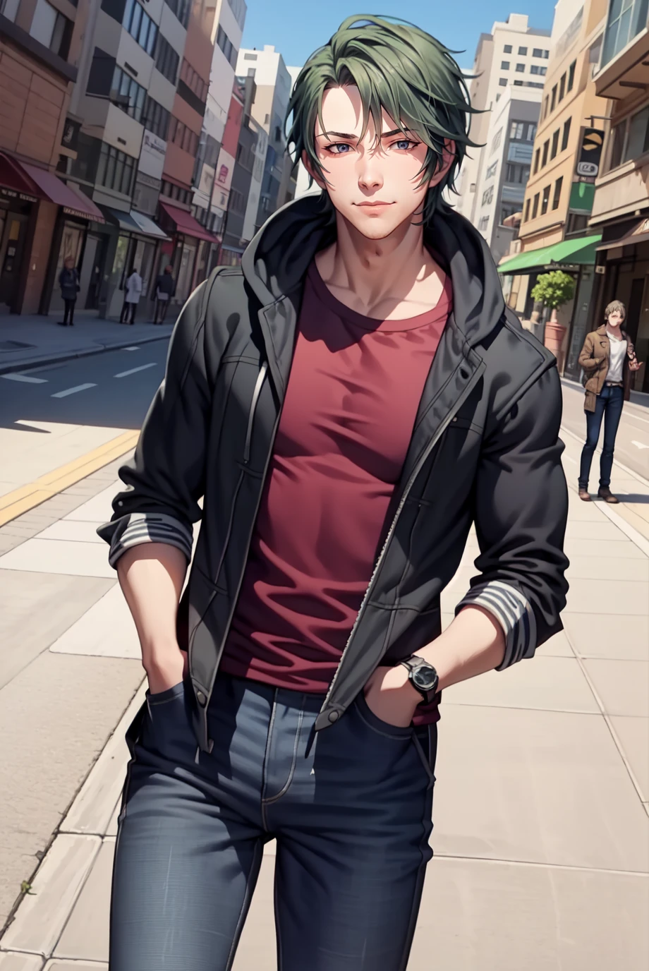 1boy, cowboy shot, solo, looking at viewer, <lora:KazeFEF-bsinky-v1:0.8> kazeFEF, hoodie, unzipped, red t shirt, jeans, wristwatch, city, sidewalk, hands in pockets