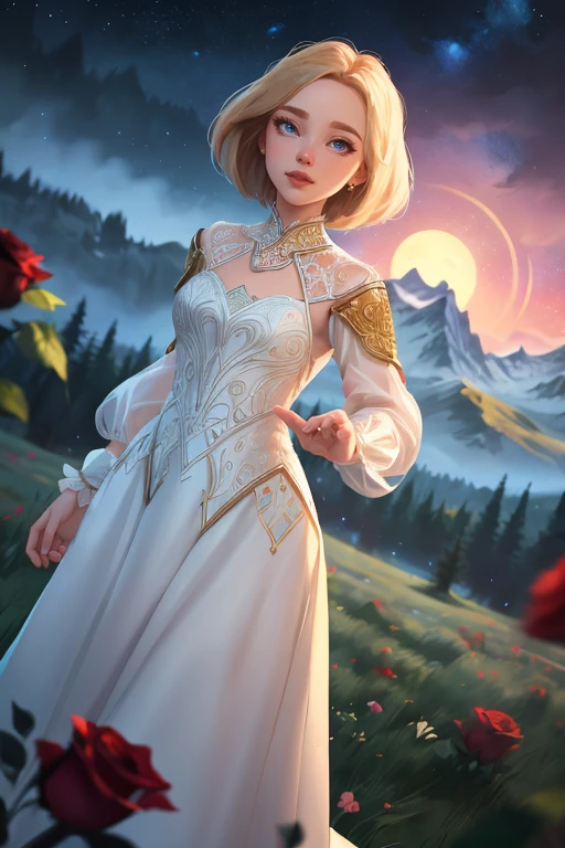 zrpgstyle, s3raph medieval princess white dress, elaborate, ornate, standing in a tall field of black roses, dark tree canopy overhead (alpine mountains:1.1), night sky, (masterpiece:1.3) (best quality) (detailed) (8k) (HDR) (cinematic lighting) (sharp focus) (intricate) (dutch angle, foreshortening, motion blur, blurred foreground:1.3)