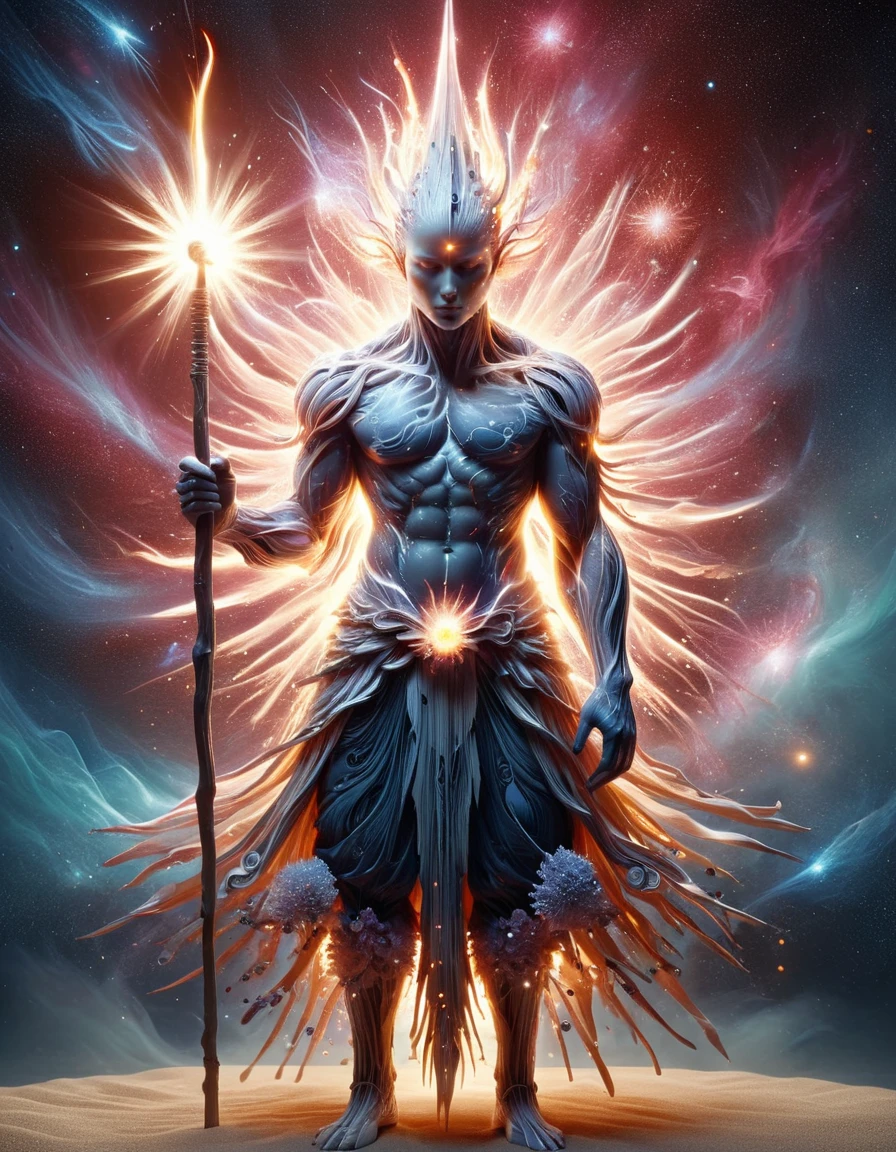 full body, dynamic pose, ral-sprnva, crisp focus,ethereal fantasy concept art of intricate paper quilled sand spirit holding staff, complex nebula background, vibrant, beautiful paper quills, hyper detailed, insane depth, gorgeous composition, chaotic but orderly, magnificent, celestial, ethereal, painterly, epic, majestic, magical, fantasy art, cover art, dreamy, magic, surreal, fantasy, digital art, wlop, artgerm and james jean, ultra hd, realistic, vivid colors, highly <lora:ral-sprnva:1> ral-sprnva
