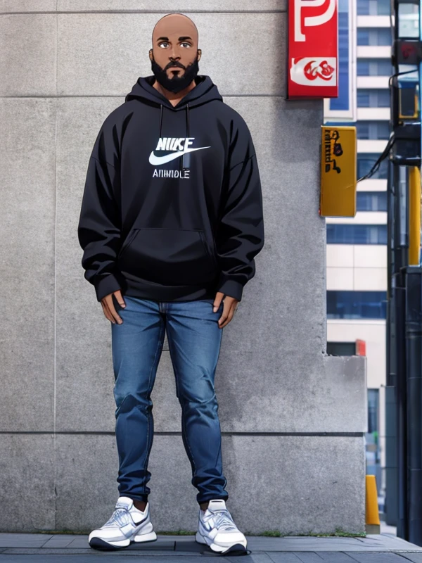 bald black man with a beard, black eyes, wears a hoodie, jeans, nike sneakers, in a very urban city, standing, posing, perfect face, perfect body, ultra-detailed face, ultra-detailed eyes, looking at viewver <lora:add_detail:0.5> <lora:Lukaku:0.6>