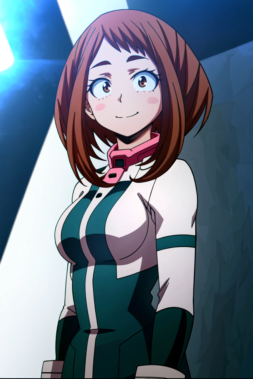 (extremely detailed CG unity 4k wallpaper),(masterpiece),(best quality),(ultra-detailed),(best illustration),(best shadow),(absurdres),(detailed background) <lora:OGT_Uravity-v1:1> Ochaco Uraraka, 1girl, uraraka ochako, solo, brown hair, brown eyes, blush stickers, short hair, smile, bodysuit, breasts, upper body, medium breasts