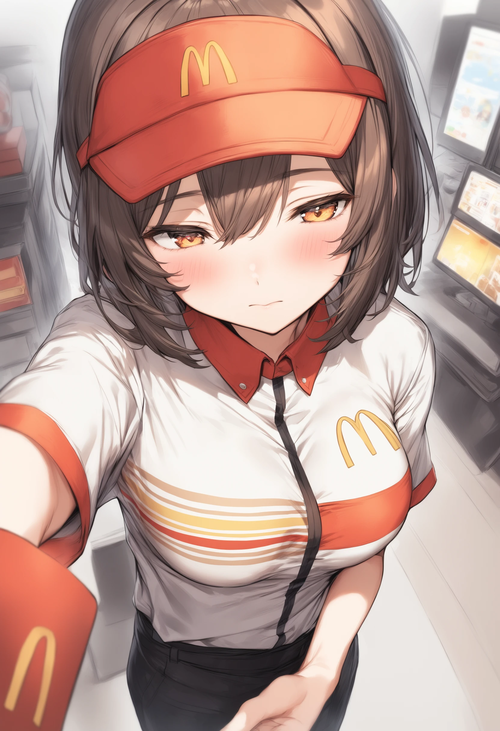 1girl, <lora:sdxl2-flat2-512b:-1>,medium breasts,solo,
<lora:macXLv1:0.9>,mac,solo, employee uniform, fast food uniform, visor cap, short sleeves, clothes writing,
from above, portrait, looking down, blush, closed mouth,
best quality,medium quality,
