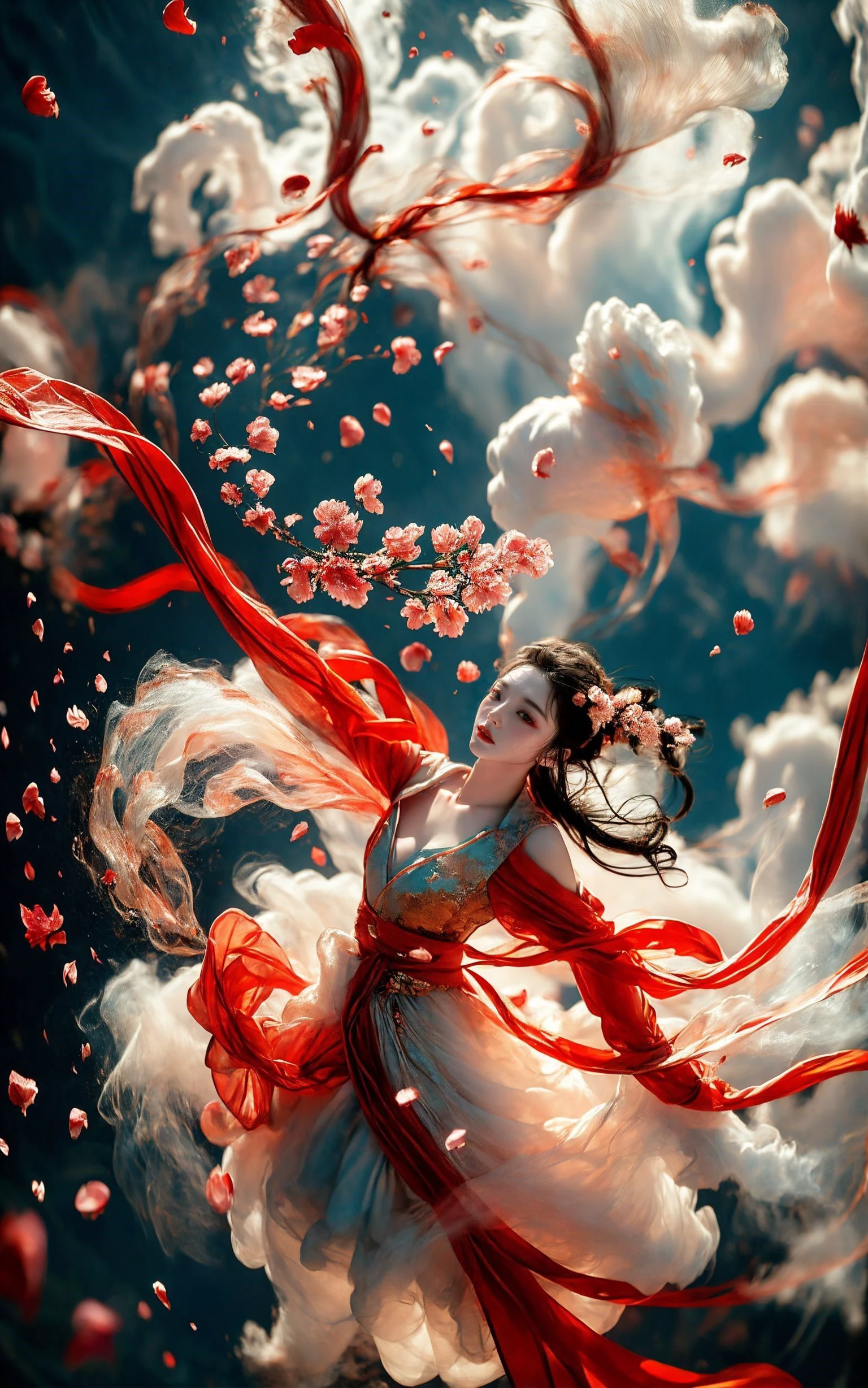 xuer Fairy in Clouds,Clouds,Fog,smoke,(full body:1.1),Fly,(float,fall:1.4),Dynamic Angle,Perspective,
medium breasts,(Scattered petal:1.3),Cyan red ribbon,
<lora:~Q?-NN-NV3 xuer Fairy in Clouds:0.8>,