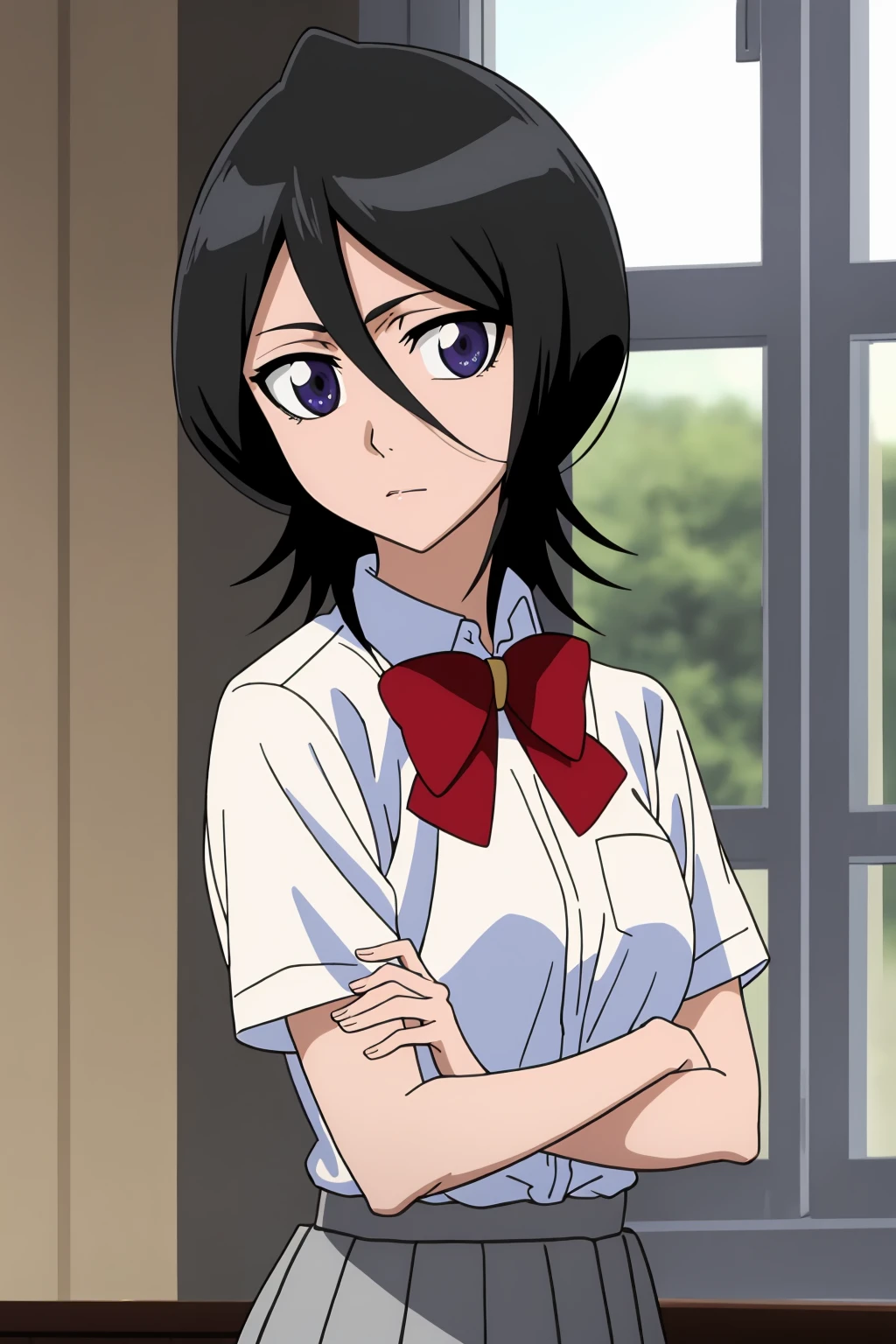 ((best quality)),((highly detailed)),masterpiece,absurdres,detailed face,beautiful face,(detailed eyes, deep eyes),1girl,((dynamic pose)) , <lora:RukiaV1:0.8>,Rukia, solo, black hair, hair between eyes, bow, looking at viewer, shirt, school uniform, white shirt, bowtie, red bow, short sleeves, closed mouth, short hair, cowboy shot, red bowtie, purple eyes, blurry, indoors, collared shirt, bangs, dress shirt, shiny hair, standing, ribbon, expressionless, window