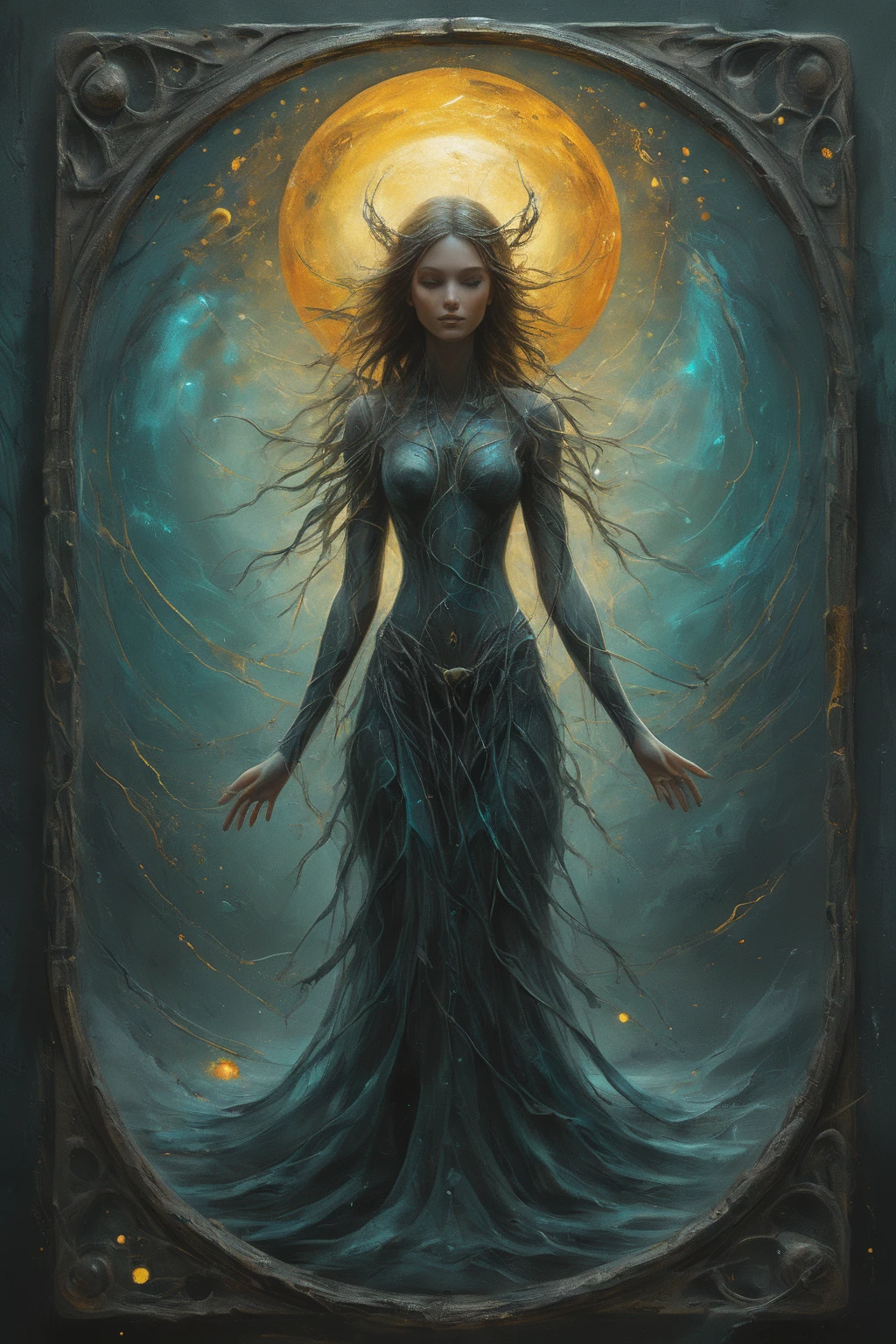 <lora:artfullyENGRAVED_SDXL_V1:0.25>,masterpiece,intricately detailed,high resolution,best quality,absurd resolution,mastercrafted,Mock ui,occult themed,oracle customized deck creator,3 PERSONAS,colorful storytelling,dark cyan and amber,detailed atmospheric portraits,detailed character design,dreamlike illustration,flowing textures,in the style of realistic and hyper-detailed renderings,mysterious beauty,in the style of realistic fantasy artwork,in the style of dreamlike illustration,in the style of hyper-detailed illustrations,three tarot cards are standing amongst a dark landscape,granite,ivory,obsidian,stained glass,transluscent,masterpiece,brilliant color story,illusionism,futuristic geometric abstractionism,in the style of hyperrealism,organic,male oracle,<lora:artfullymaleform_sdxl_v1:0.45>,<lora:ARTFULLYORACLESDXL-V1:0.5>,<lora:artfullydrow__sdxl_v1:0.2>,<lora:artfullyDRUID_sdxl_v1:0.6>,