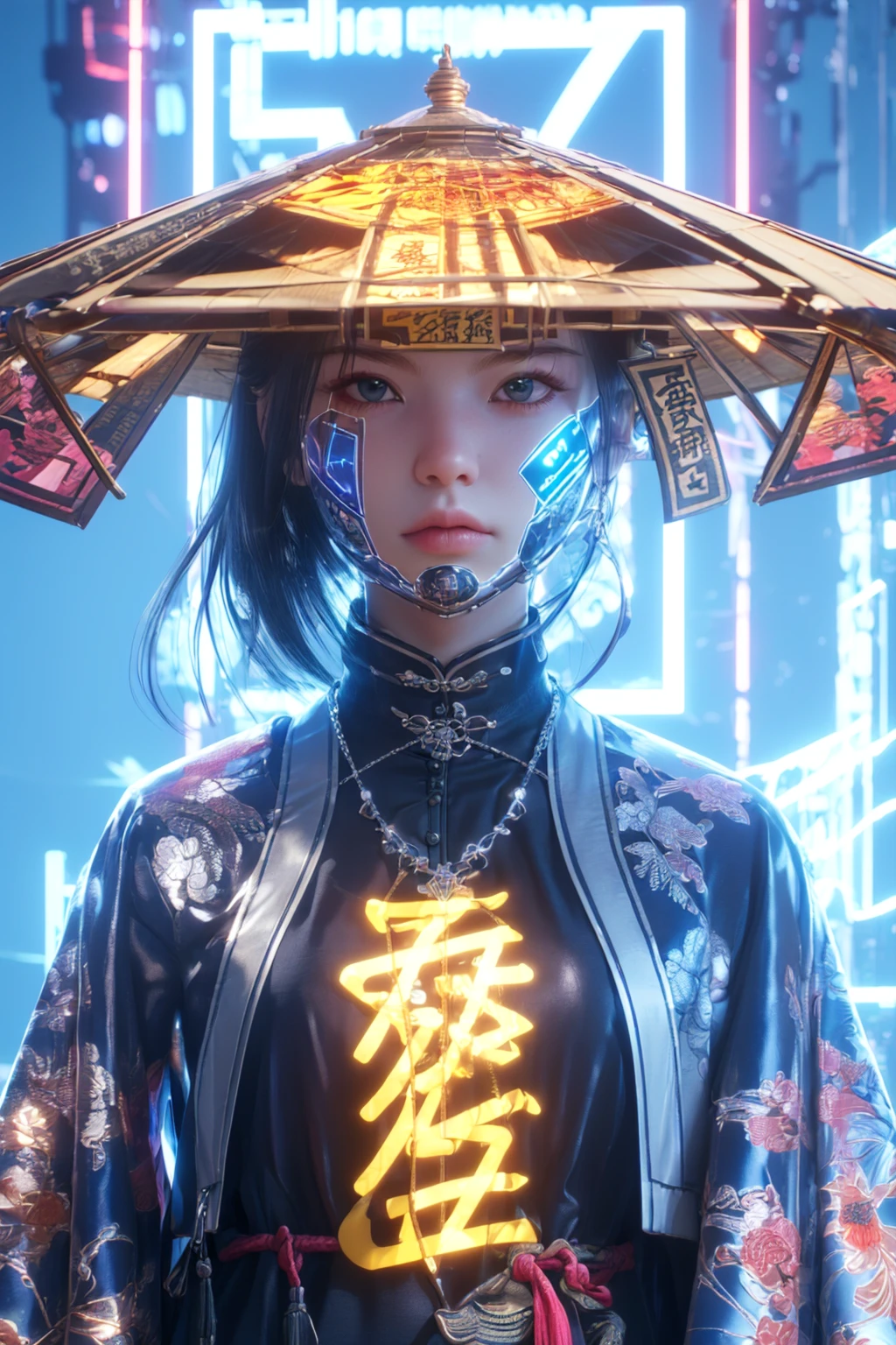 colorful, neon lights,baby pink, baby yellow, silver, white, Cyberpunk beauty ,1girl, artist name ,black hair ,blue eyes, cape ,closed mouth ,copyright name, glowing, hat, jewelry ,lips ,looking at viewer, magic, magic circle, necklace ,neon lights, ofuda ,outdoors, short hair, solo, upper body ,bamboo hat ,cyberpunk, 3d, neon light, Bagua ,Tai Chi ,future technology ,glow, glow effect ,high detail ,best quality, Tang Dynasty clothing, hanfu