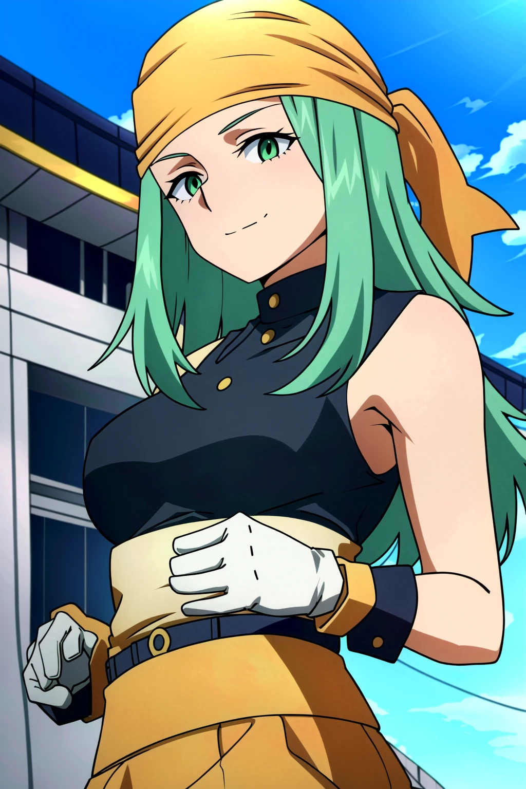 girl, sleeveless jacket, bare shoulders, (((long hair))),blue skirt, (((green hair))), yellow eyes,tsundere,thighs, cowboy shot, (((((wavy hair))))),ahoge,(((pantyhose))),blue boots,fingerless gloves, blush,blunt bangs,hands on hip