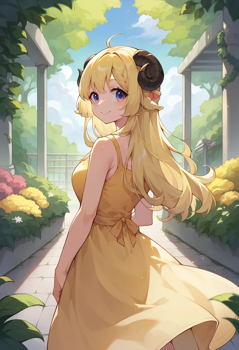 score_9, score_8_up, score_7_up, TsunomakiWatame, sheep horns, long hair, ahoge, from behind, yellow sundress, garden, day, sunshine, smile, looking back, <lora:CHAR-TsunomakiWatamePonyXL:1>