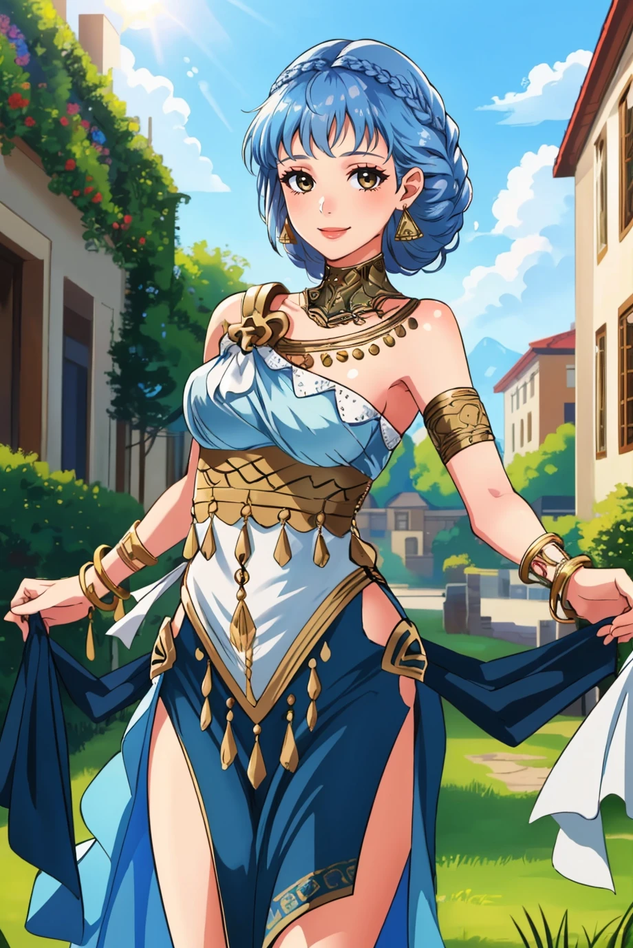 masterpiece, best quality, brvMarianne, bare shoulders, jewelry, earrings, bracelet, sandals, pelvic curtain, short hair, crown braid, blue dress, cowboy shot, looking at viewer, smile <lora:MarianneFE3H-FEH-bsinky-v2:0.9>