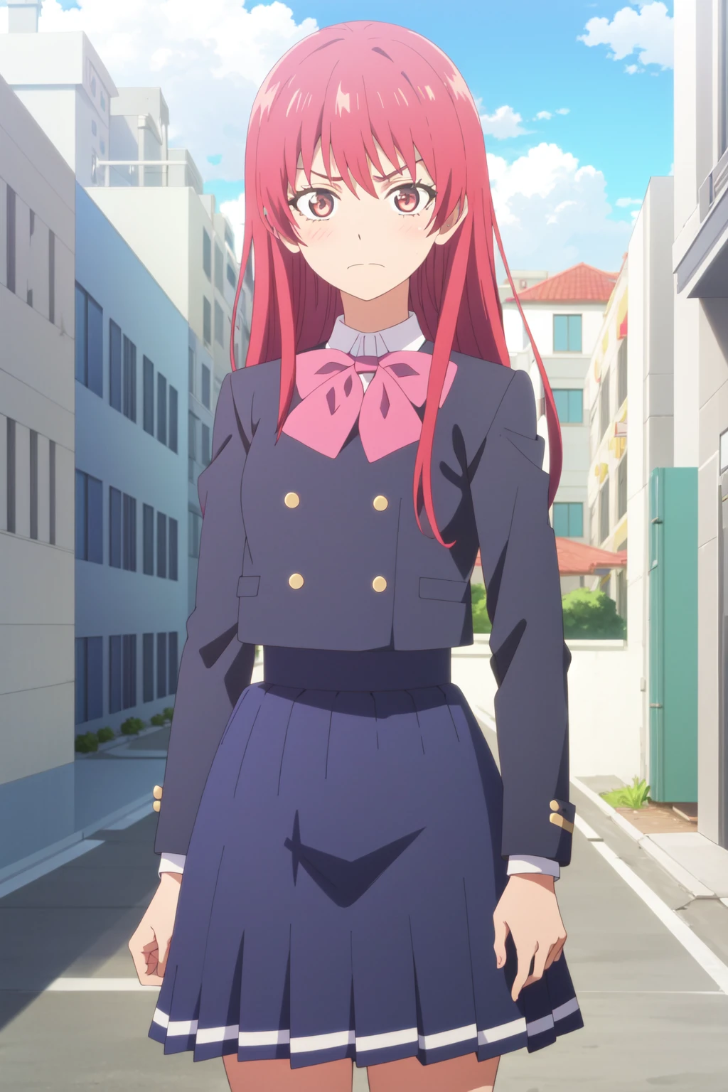 <lora:anime_screencap_v2:0.3> tall body, tall, long legs, mature female, mature, adult, <lora:GoodHands-beta2:1.4>, simple background
<lora:eft_gfgf_red-05:0.8> eft_gfgf_red, 1girl, school uniform, skirt, long hair, red hair, bow, sky, solo focus, outdoors, blue skirt, day, looking at viewer, pleated skirt, frown, bowtie, pink bow, long sleeves, solo, pink hair, closed mouth, red eyes
