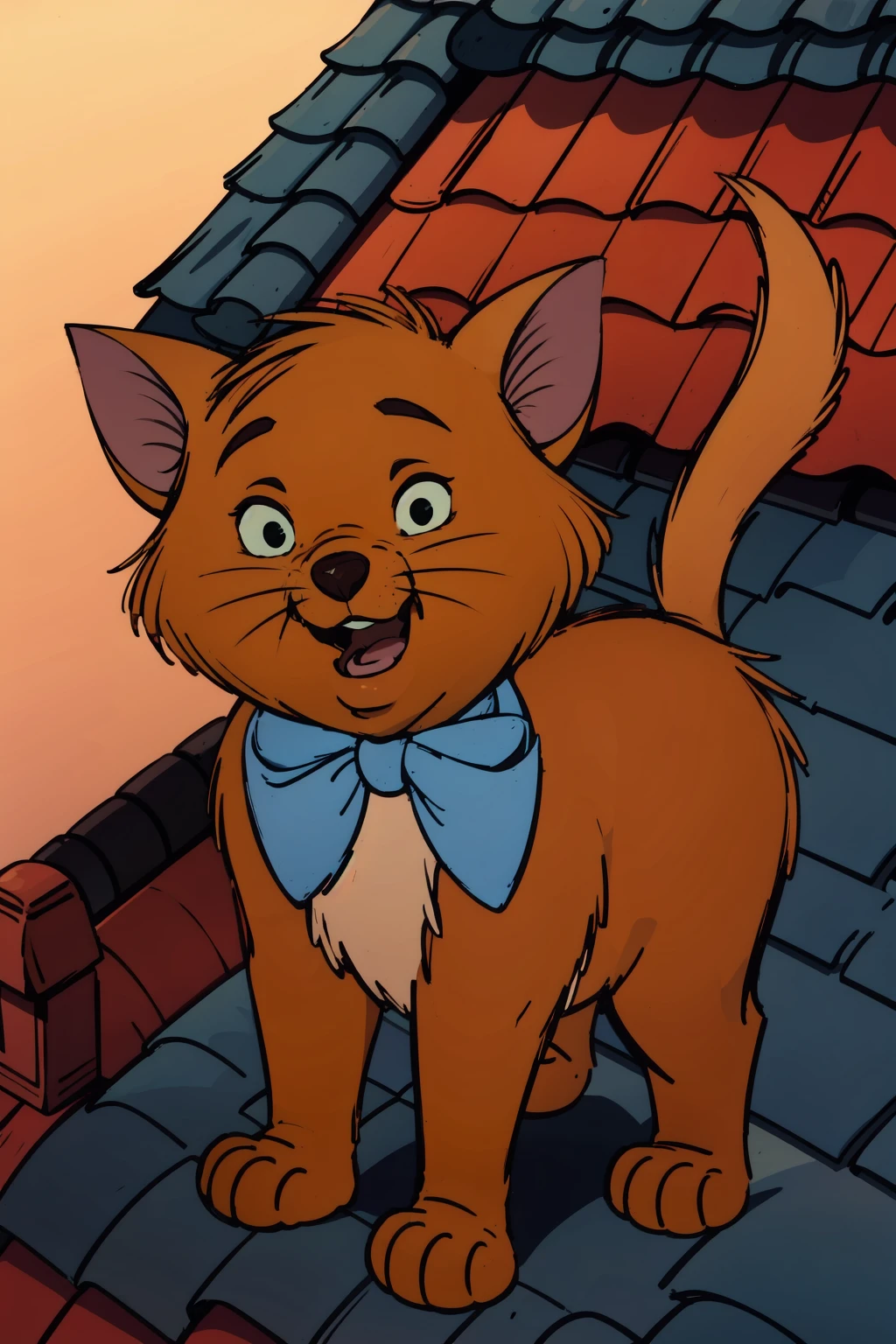 toulouse, kitten, animal focus, no humans, whiskers, open mouth, full body, solo, light blue bowtie, (straight-on), black eyes, sketch, standing, green sclera, orange fur, day, on roof,rooftop, whiskers, smile, looking at viewer, tail, (best quality, masterpiece) <lora:toulouse_v1:1>