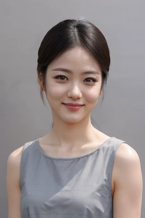 masterpiece, best quality, ultra-detailed, ultra high res, (photorealistic:1.4), raw photo, (realistic:0.2), 8k HDR, 1girl, solo, (looking at viewer), smile, realistic lighting, asymmetrical hair, (detailed skin), (detailed face), (simple gray background :1.1), (upper body:1.5), simple dress, sleeveless,