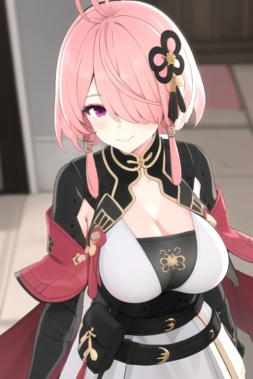 1girl, solo, indoors, blurry background, upper body, portrait, <lora:taoqiv2:0.8>, taoqi, jewelry, large breasts, cleavage, smile, ahoge, black pantyhose, medium hair, closed mouth, dress, hair ornament, belt, black gloves, tassel, skirt, pouch, hair over one eye, short hair with long locks,
