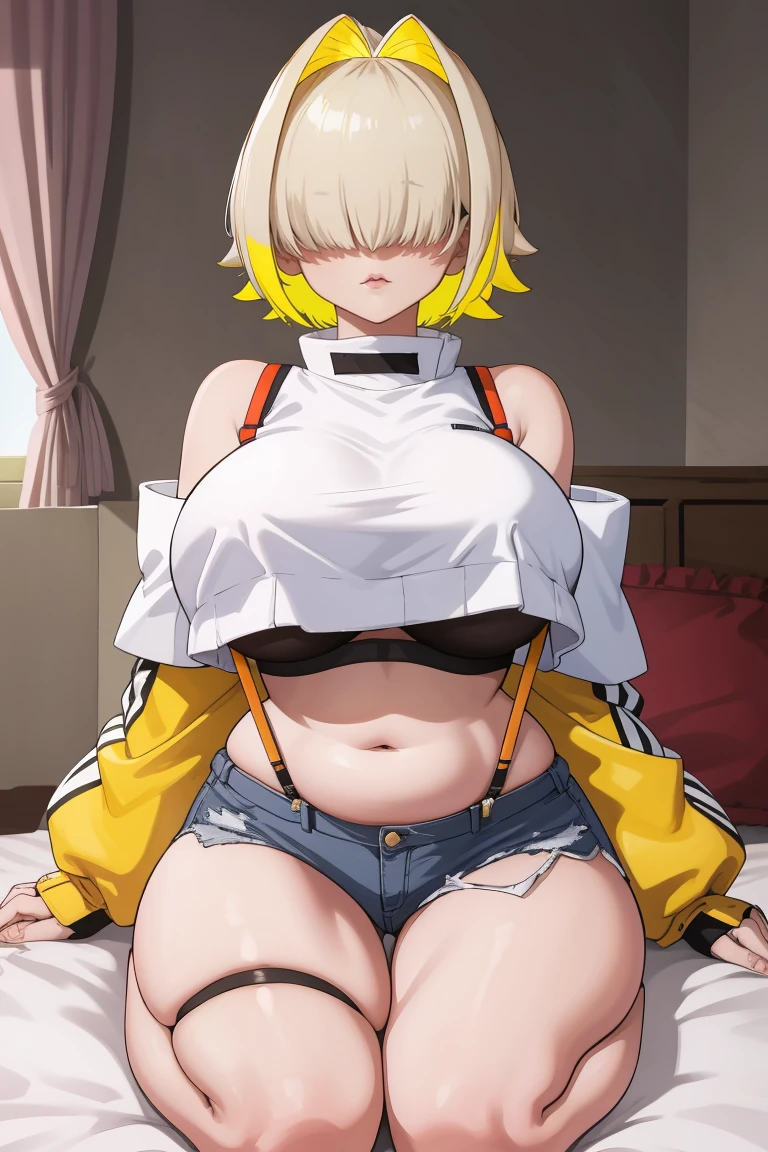 masterpiece, best quality, 1girl, solo, <lora:elegg-nikke-richy-v1:1> elegg, short hair, bangs, hair intakes, multicolored hair, hair over eyes, crop top, bare shoulders, suspenders, navel, short shorts, thigh strap, long sleeves, plump, sports bra, purple eyes, huge breasts, underbust, looking at viewer, seiza, sitting, bed, bedroom