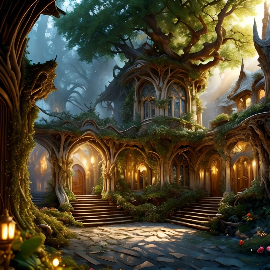(masterpiece:1.2), (best quality,:1.2), 8k, HDR, ultra detailed, ((photorealistic)), professional light, cinematic lighting, fashion photography, ambient lighting, atmospheric effects, <lora:detail_slider_v4:3>, OverallDetail, a highly detailed WoodElf fantasy settlement, forest, castle, <lora:WoodElf-10:1>, epiCPhoto