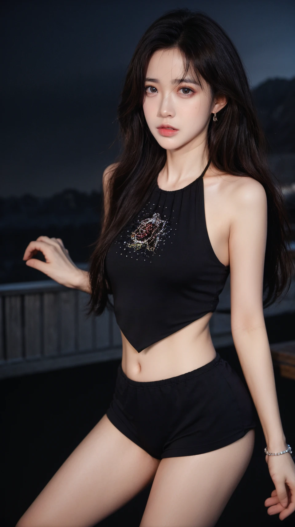 best quality,HDR,UHD,8K,Vivid Colors,solo,medium-shot,(1girl:1.5),(standing:1.3),from front,soft light,(looking at viewer:1.6),Elegant,detailed gorgeous face,fluffy hair,<lora:add_detail:0.5>,(outdoors background:1.1),cowboy shot,<lora:rc102:0.8>,rc,navel,black tank top,panties,