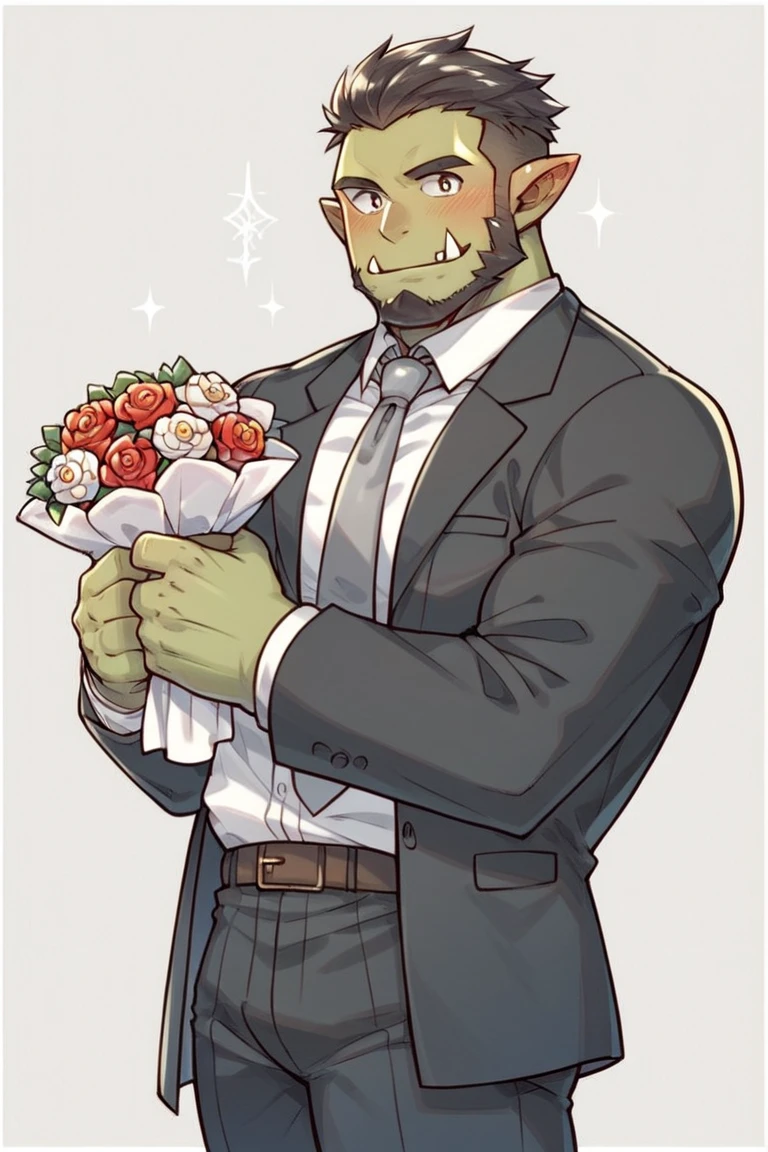 score_9, score_8_up, score_7_up, 1boy, solo, male focus, mature male, orc, green skin, tusks, beard, black hair, muscular, looking at viewer, cowboy shot, formal, black suit, suit, white shirt, collared shirt, grey necktie, long sleeves, smile, blush, holding flower, holding bouquet, standing, simple background <lora:100_one-image-style-LoRA-1 SDXL_LoRA_Pony Diffusion V6 XL:1>