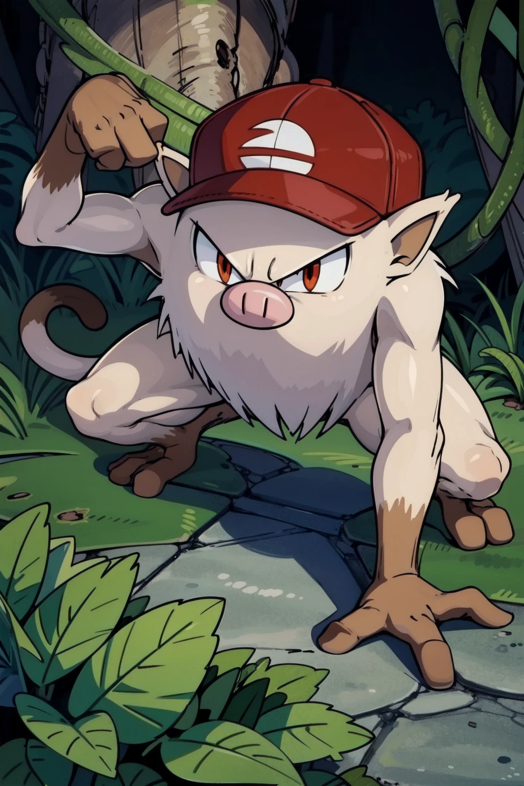 mankey, 1boy,solo, pokemon \(creature\), full body, orange eyes,(hand on floor), red baseball cap,jungle, outdoors,vines, tree,leaf, plant, day,pig nose,monkey tail, (best quality, masterpiece) <lora:mankey_v1:1>